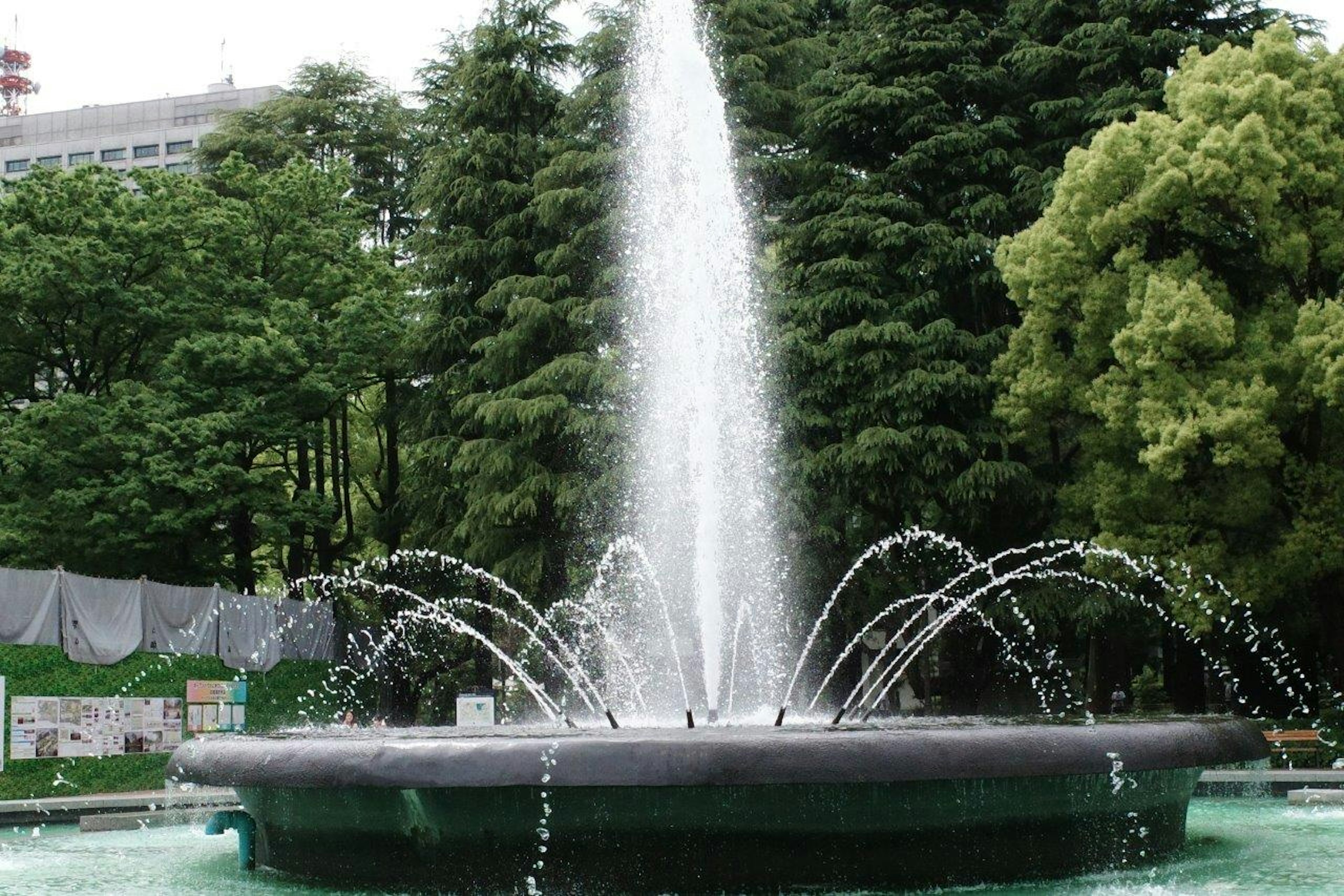 Una hermosa fuente en el centro de un parque Chorros de agua que irradian hacia afuera Rodeada de árboles verdes y frondosos