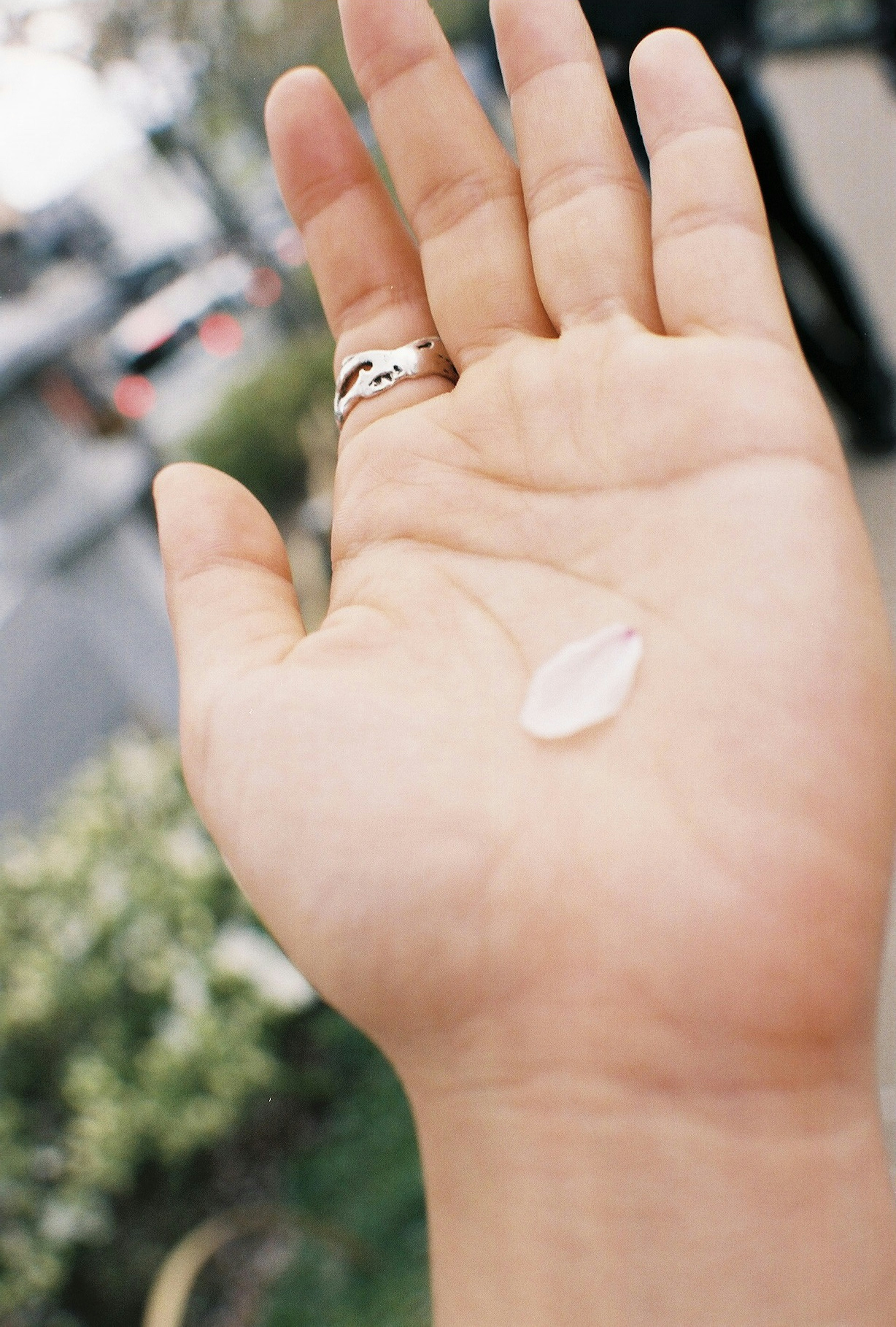 A clear small stone resting on an open palm