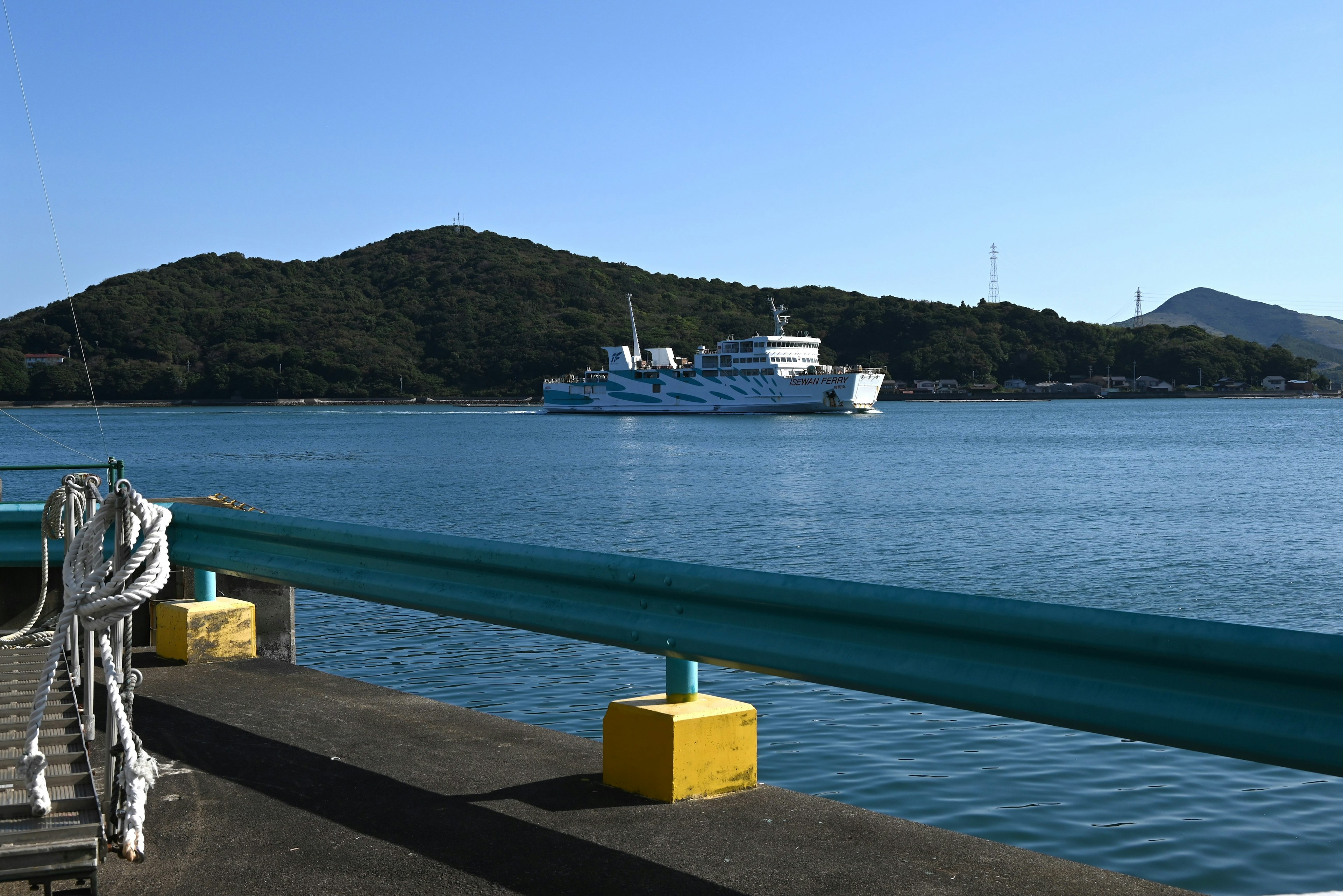 客船漂浮在平靜的海面上，旁邊是綠色的碼頭