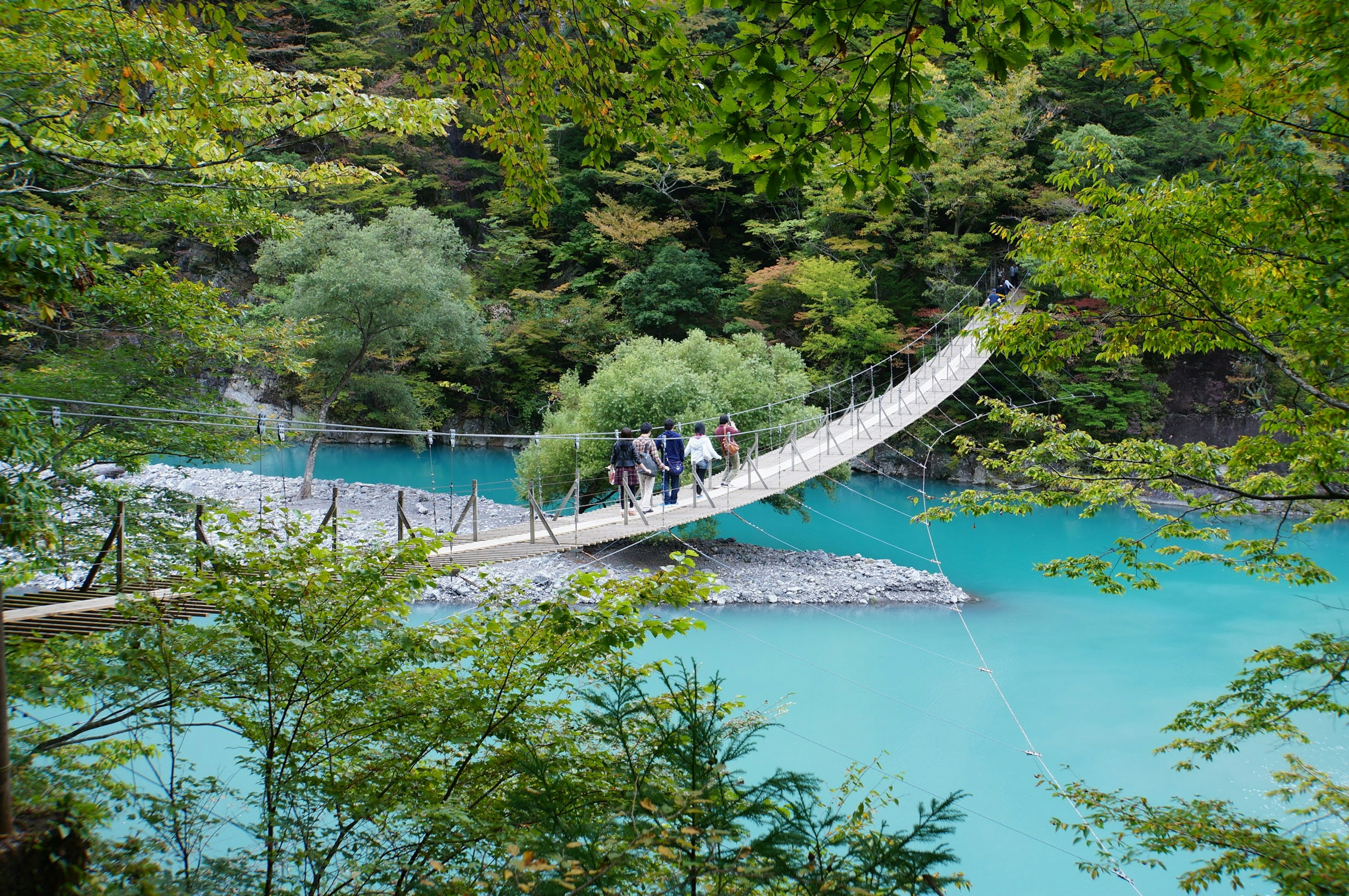 郁郁蔥蔥的風景中有一座懸索橋橫跨碧藍的湖泊