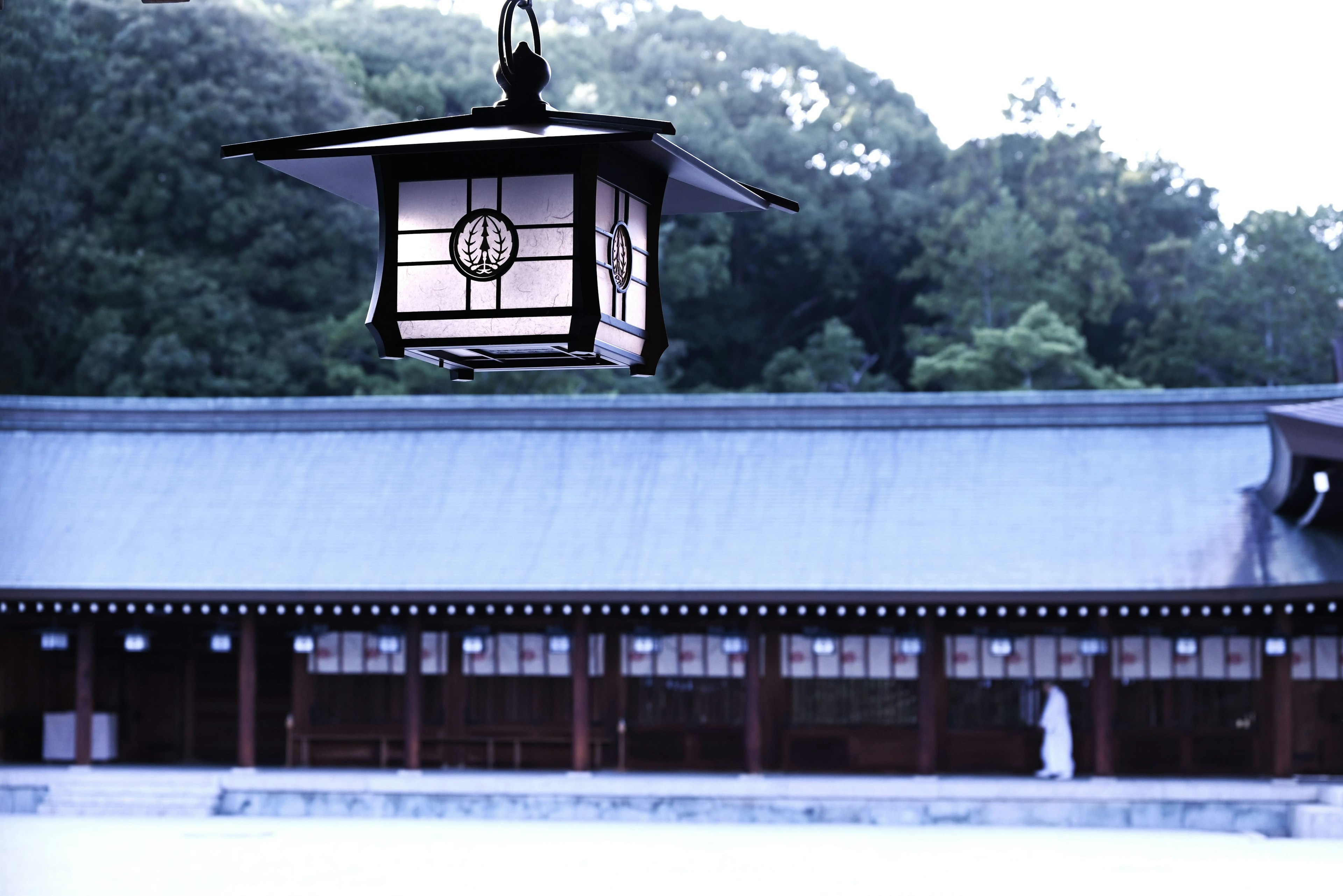 Lanternes traditionnelles et bâtiment dans un sanctuaire japonais