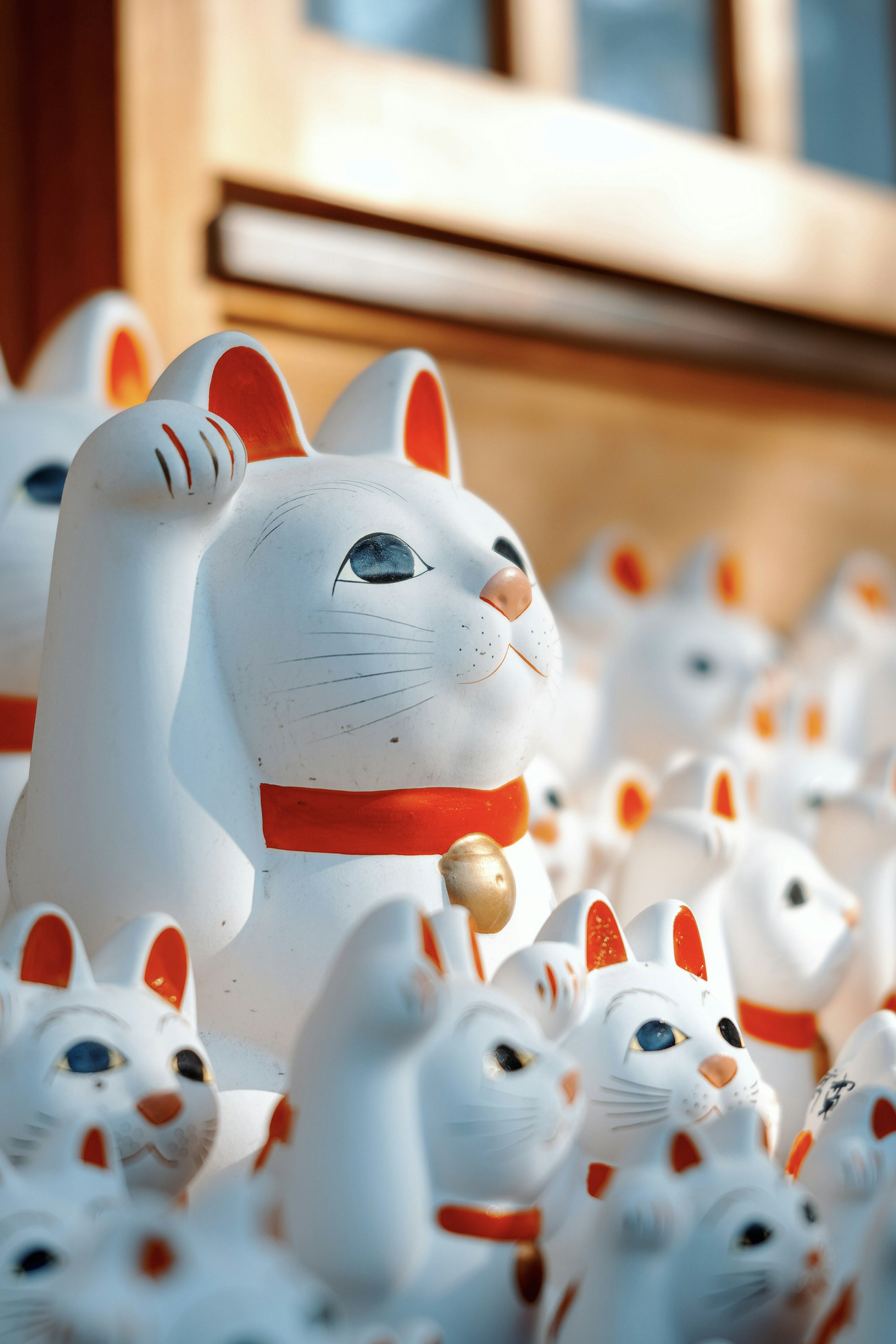 Cảnh có nhiều tượng maneki-neko trắng, nổi bật với một con mèo đặc biệt có ruy băng đỏ