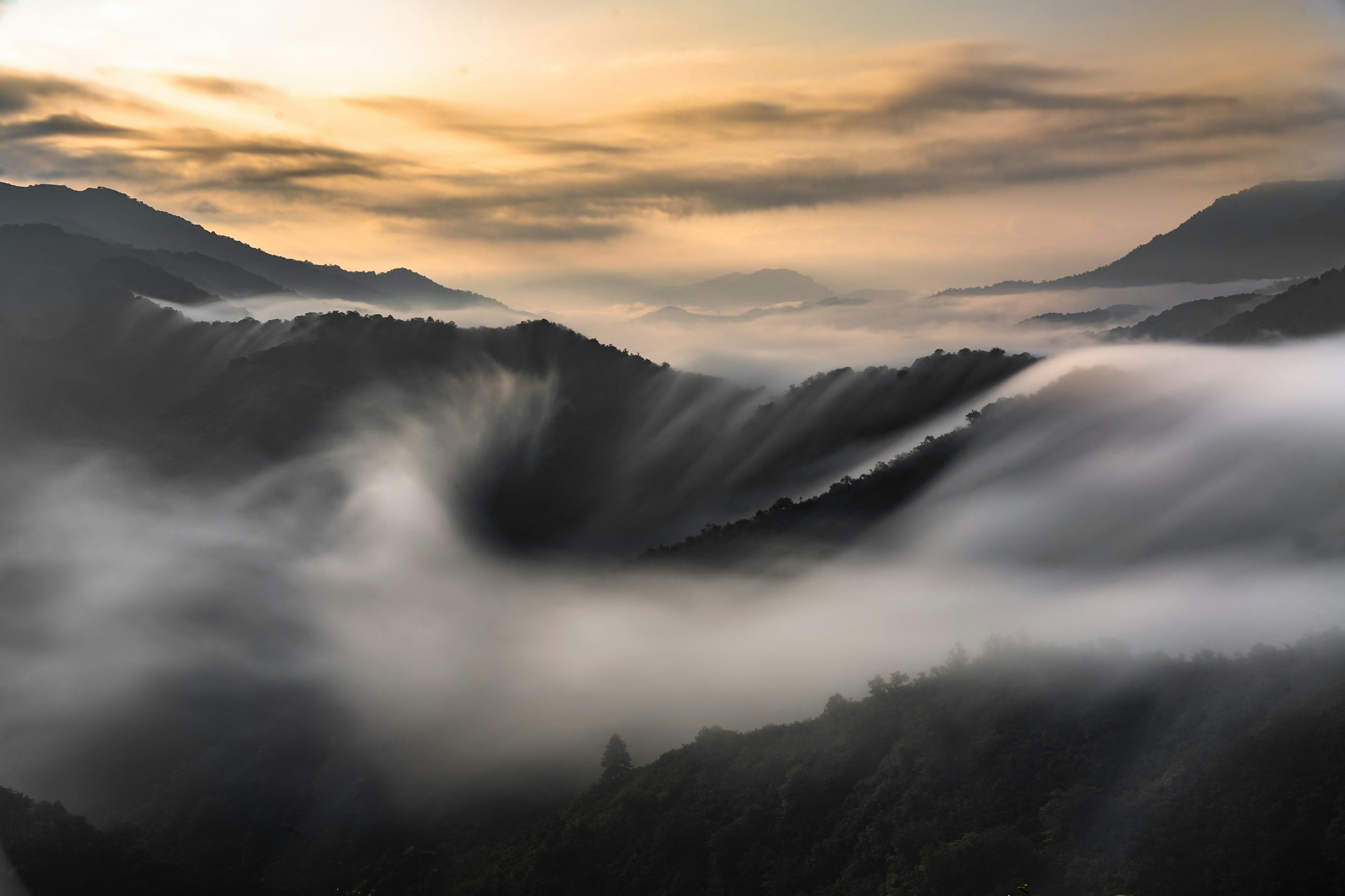 美しい霧に包まれた山々と柔らかな夕日の景色