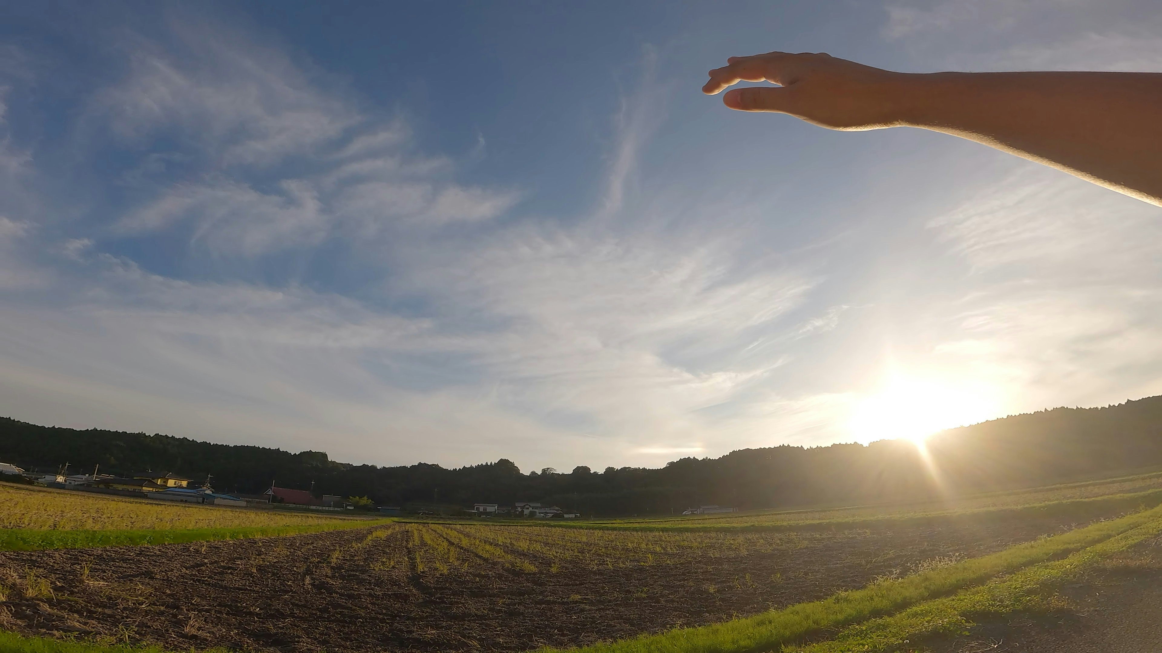 Una mano che si estende su un vasto campo e un tramonto