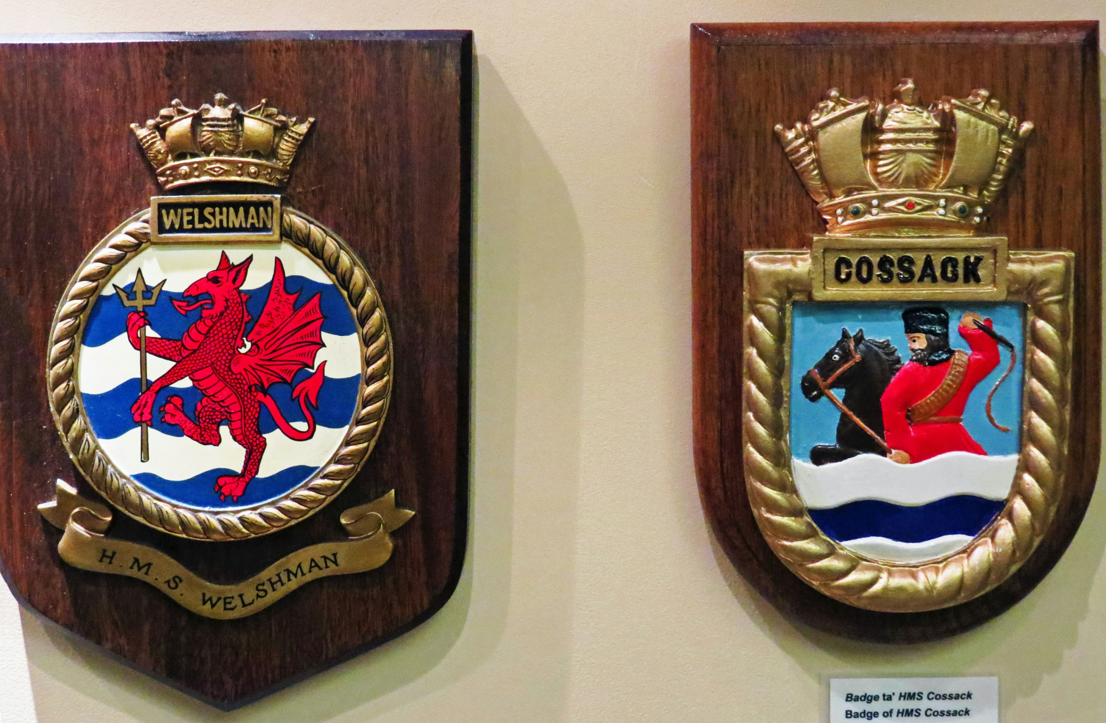 Two shield emblems displayed on a wooden background