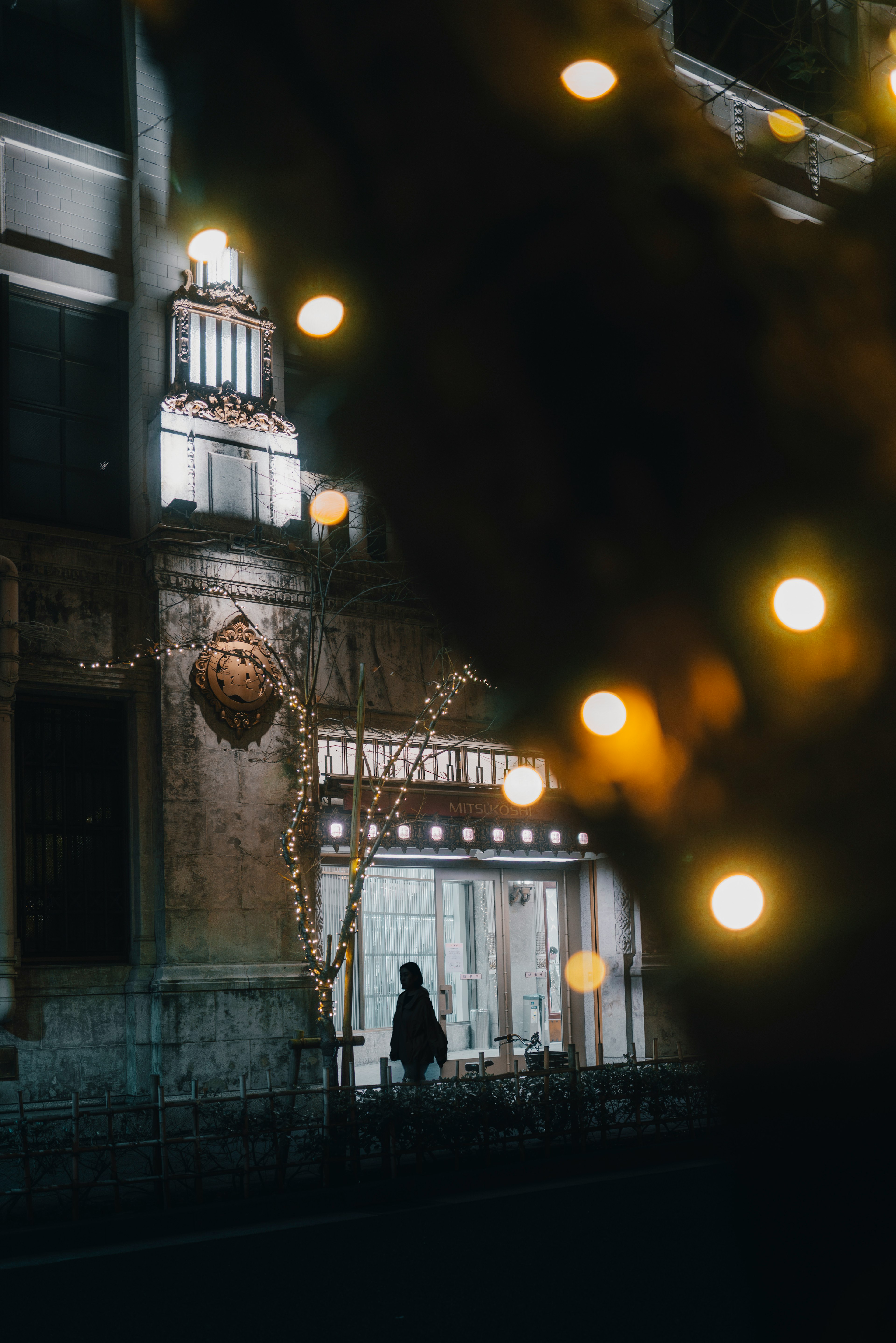 Silhouette standing in front of decorative lights in a nighttime urban setting