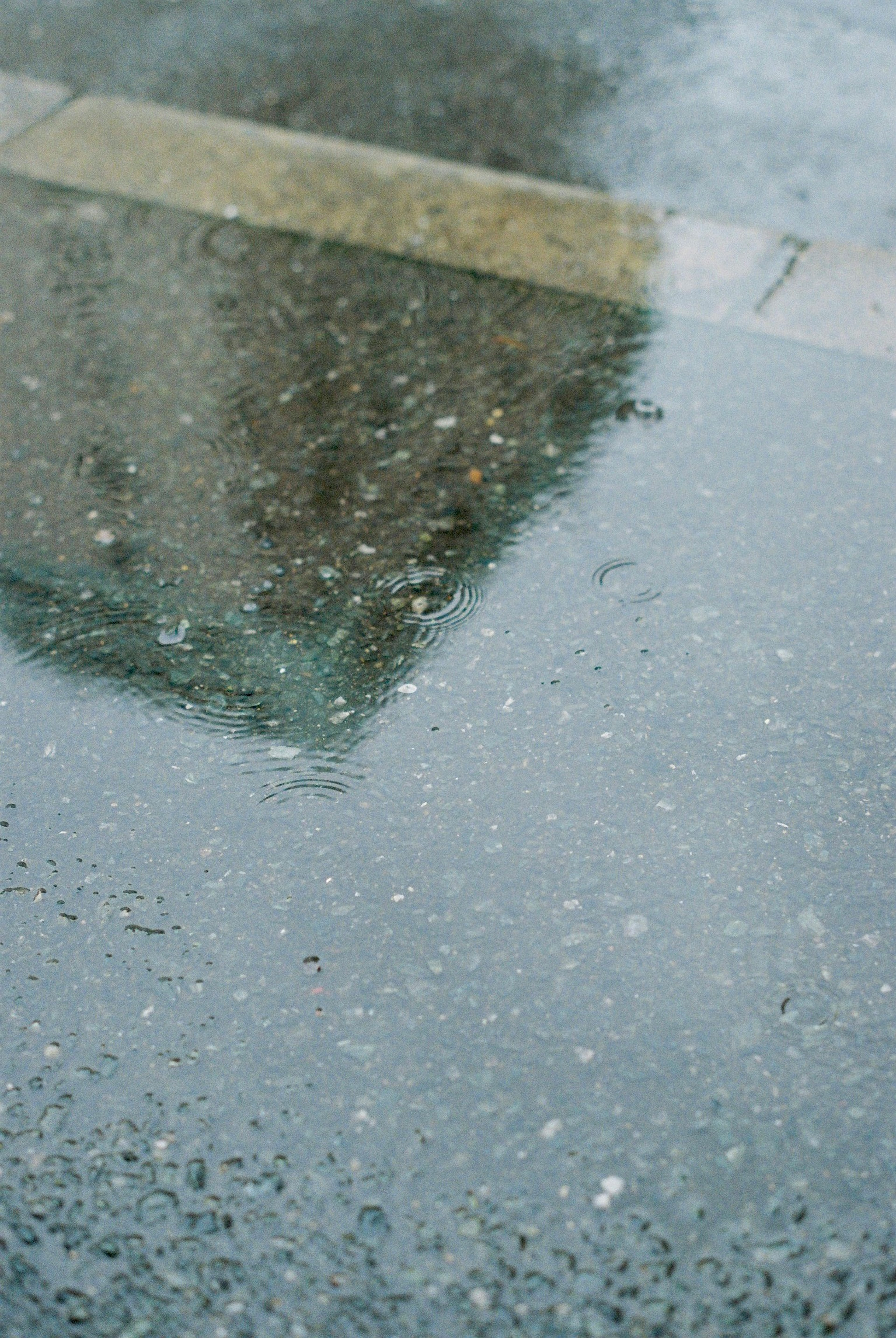 Reflet d'un bâtiment dans une flaque d'eau sur un pavé mouillé