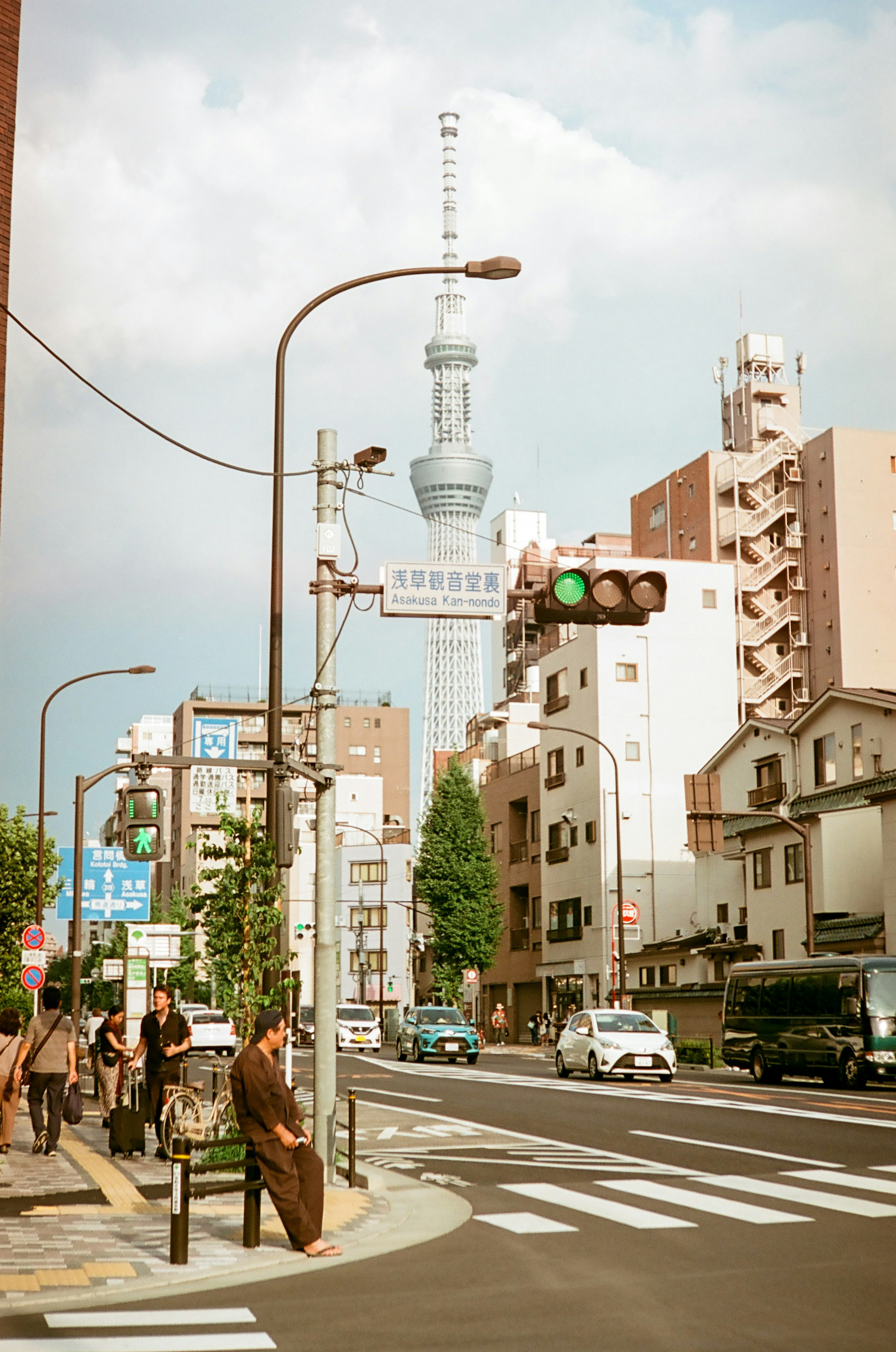 東京スカイツリーが見える街並みと信号機