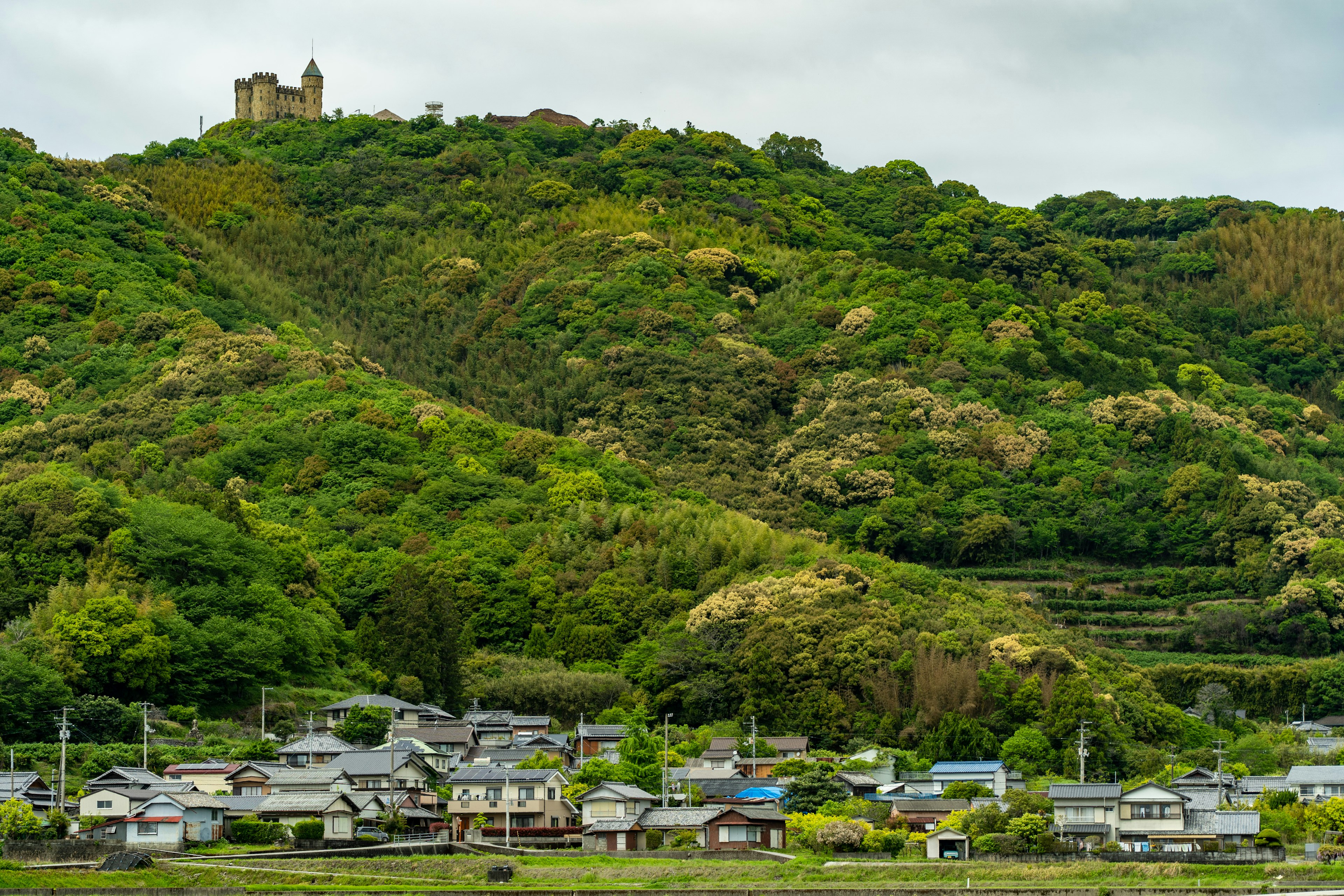 Un paysage avec un château sur une colline verte et de petites maisons au premier plan