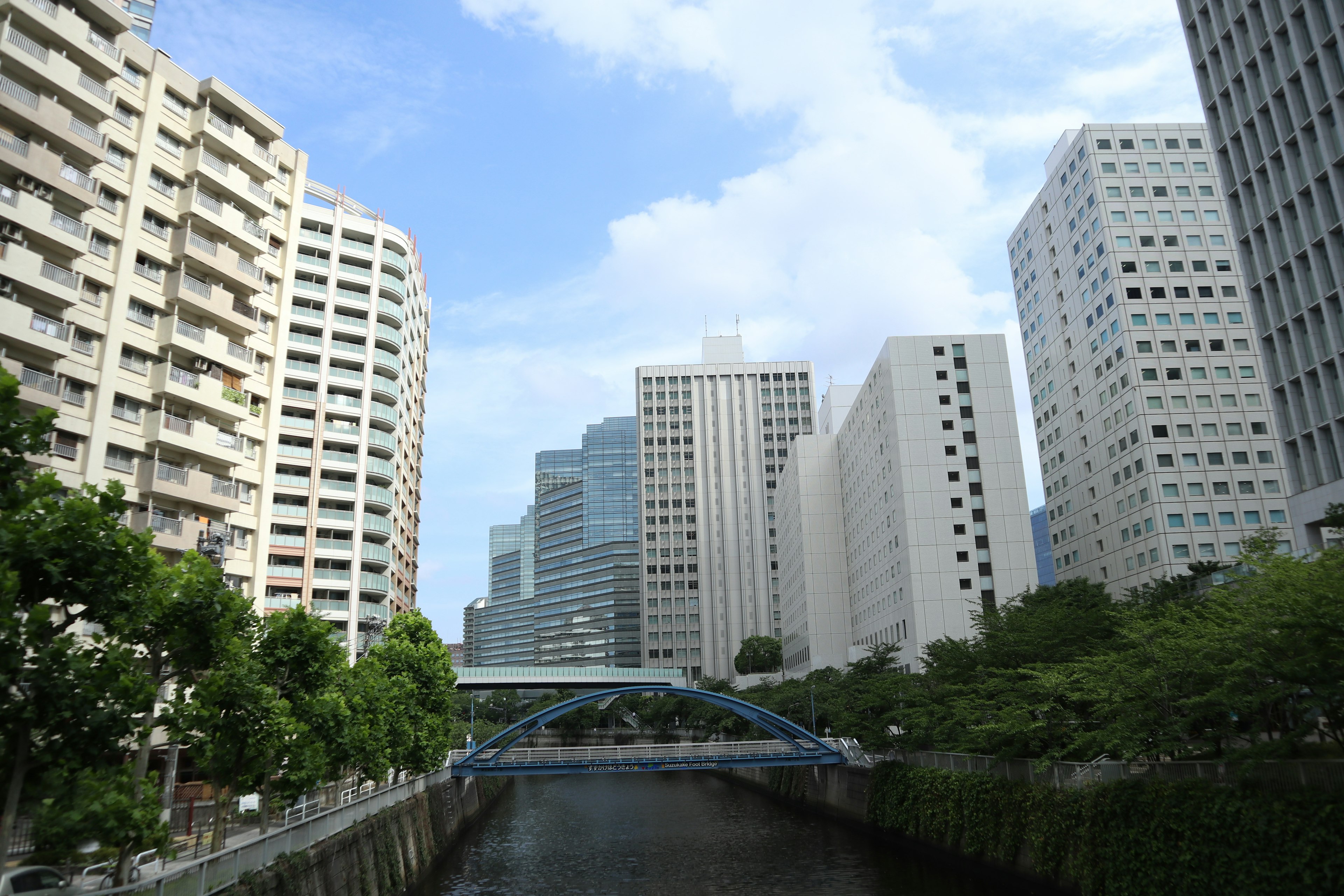 高層ビルと川の風景 青空が広がる