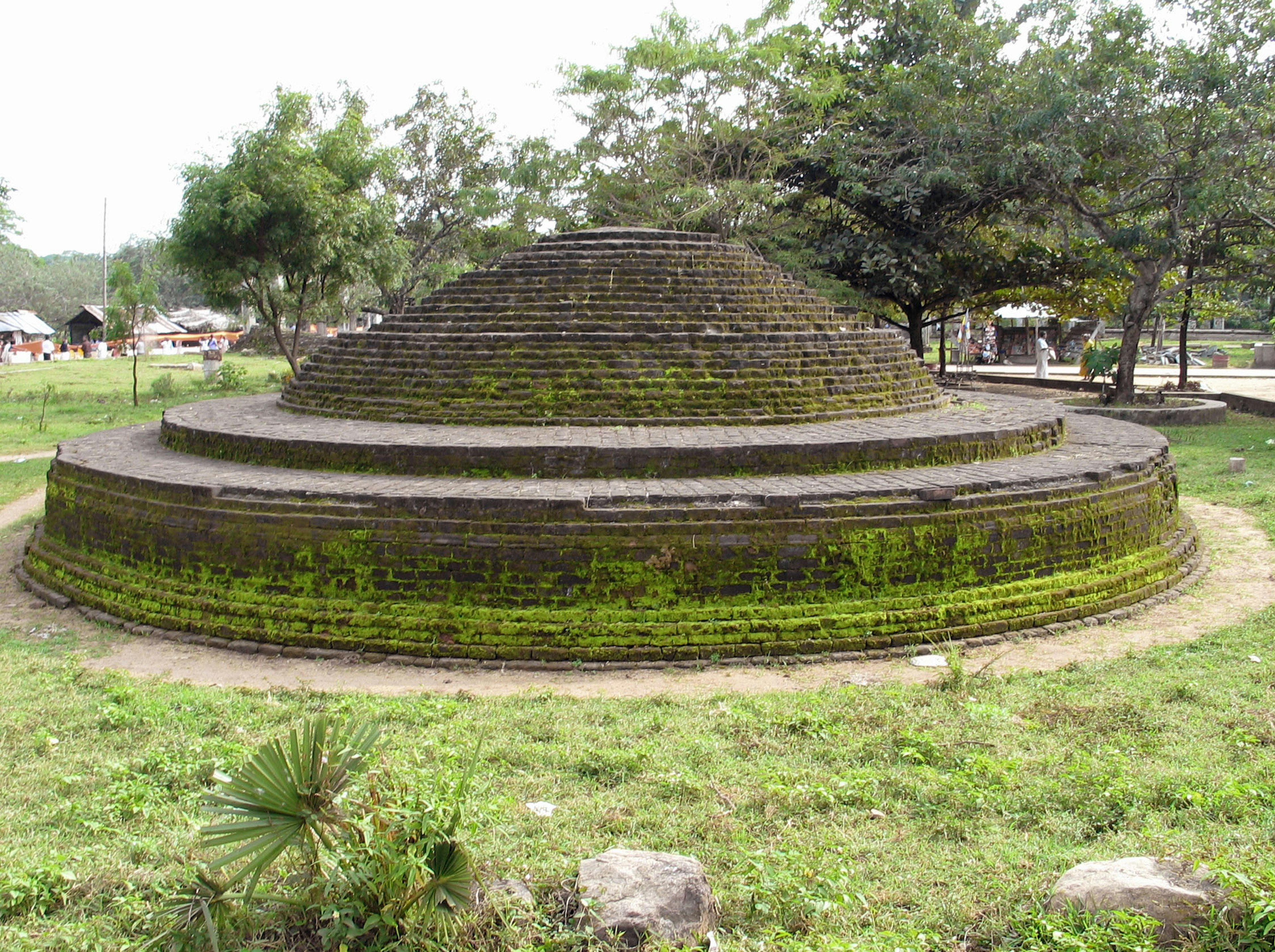 Ancient stupa ruins covered in green moss surrounded by lush trees