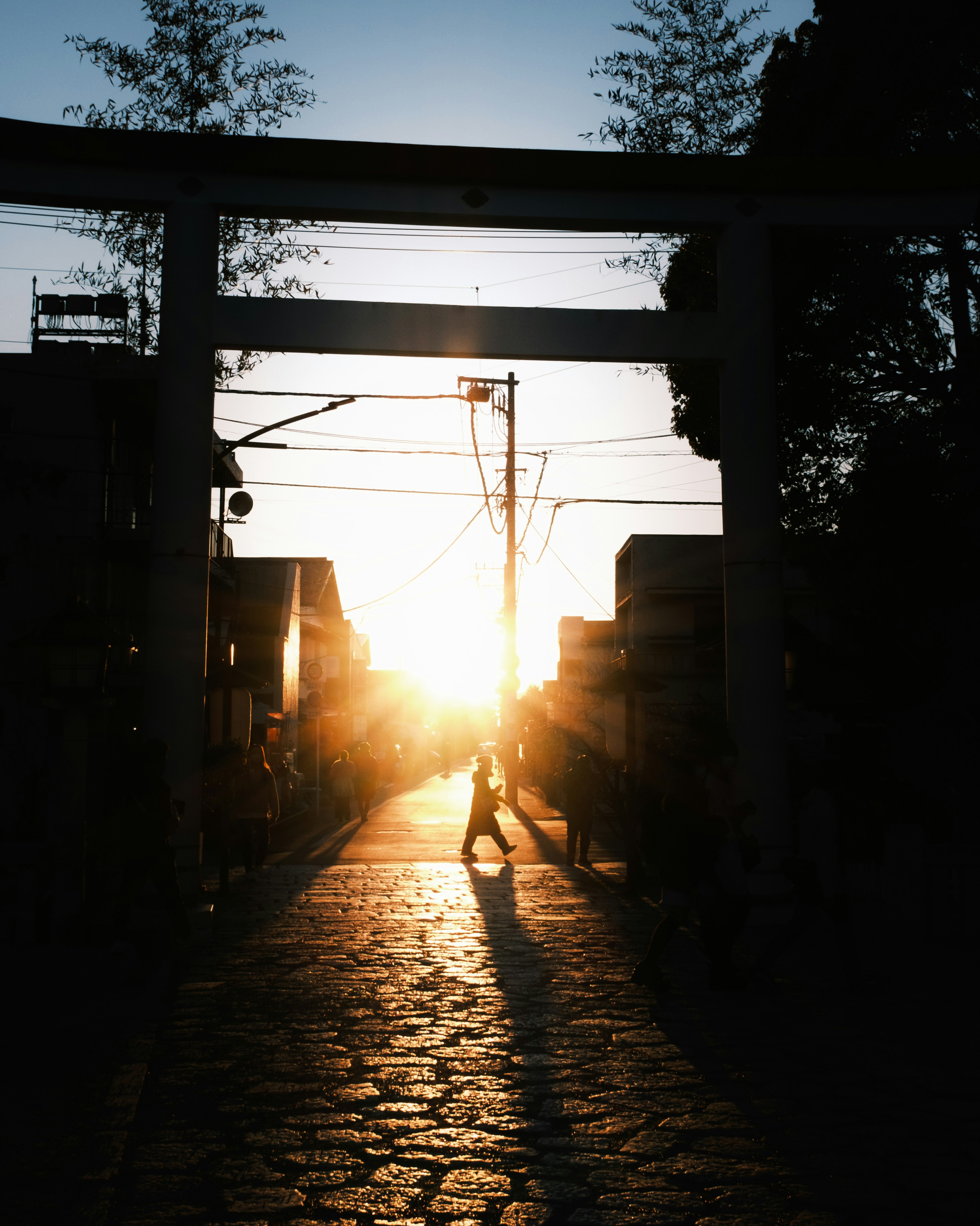 夕日が差し込む鳥居を通る人影