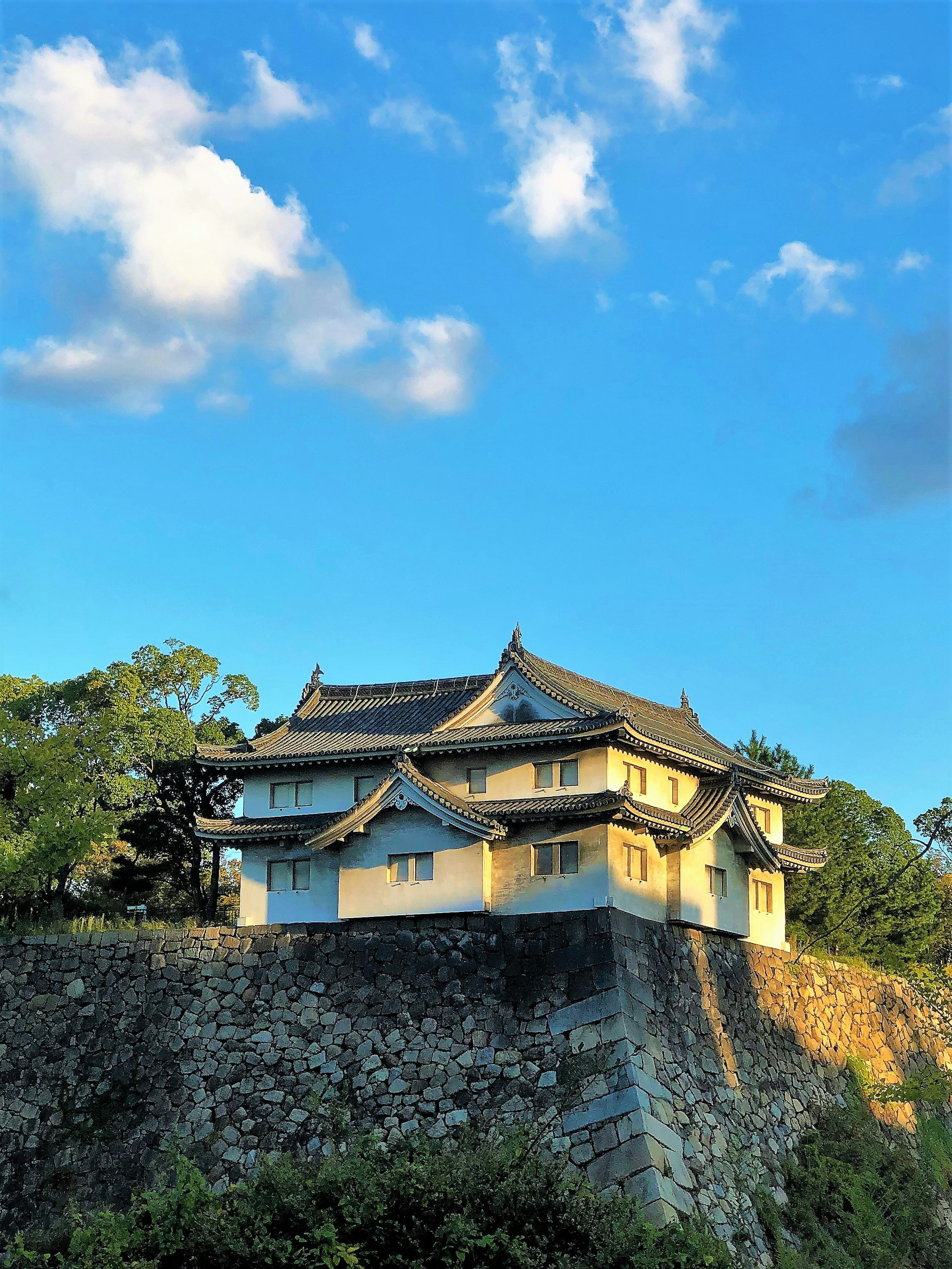 青空の下にある城の建物と緑の木々