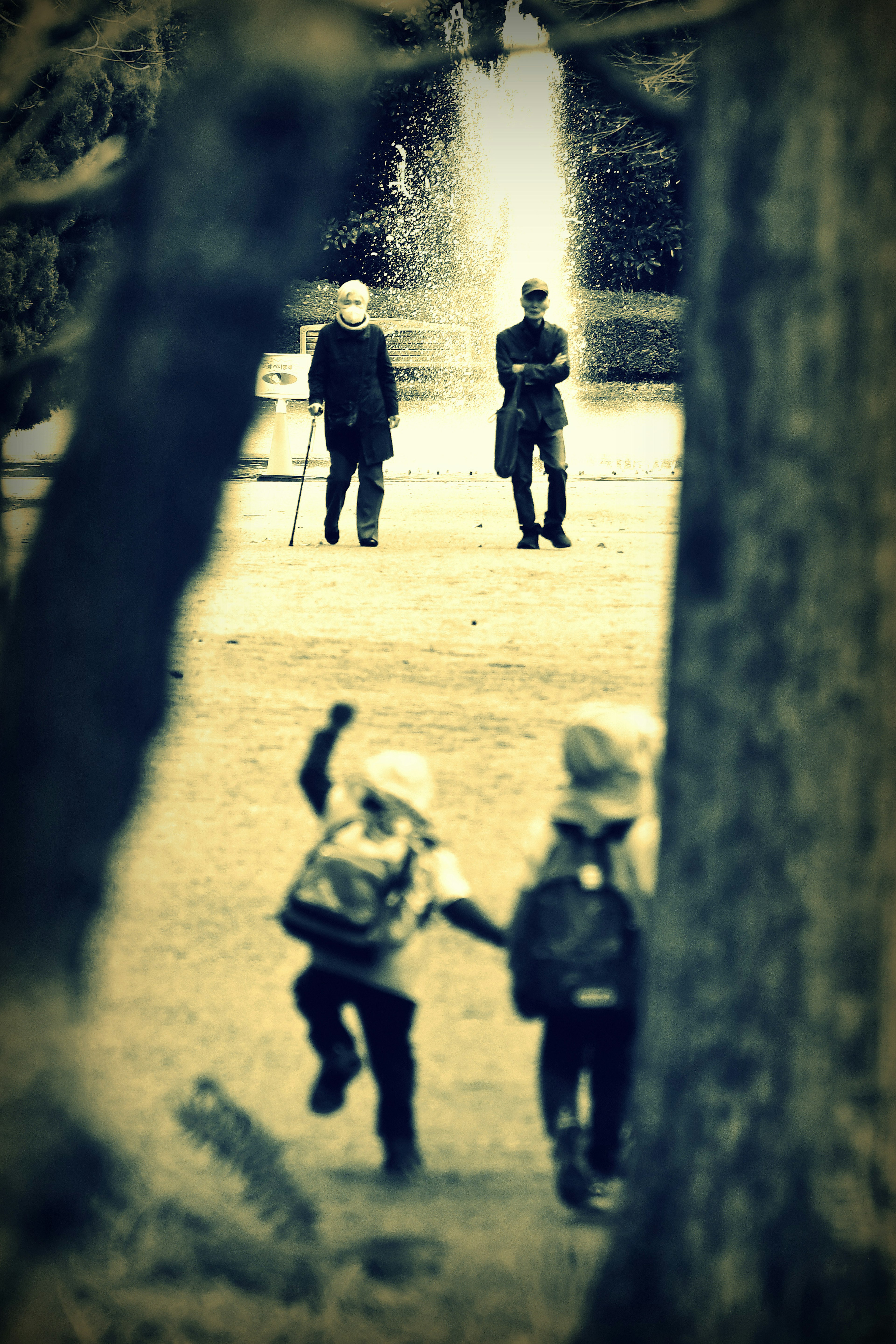 Kinder spielen in einem Park mit zwei Erwachsenen im Hintergrund