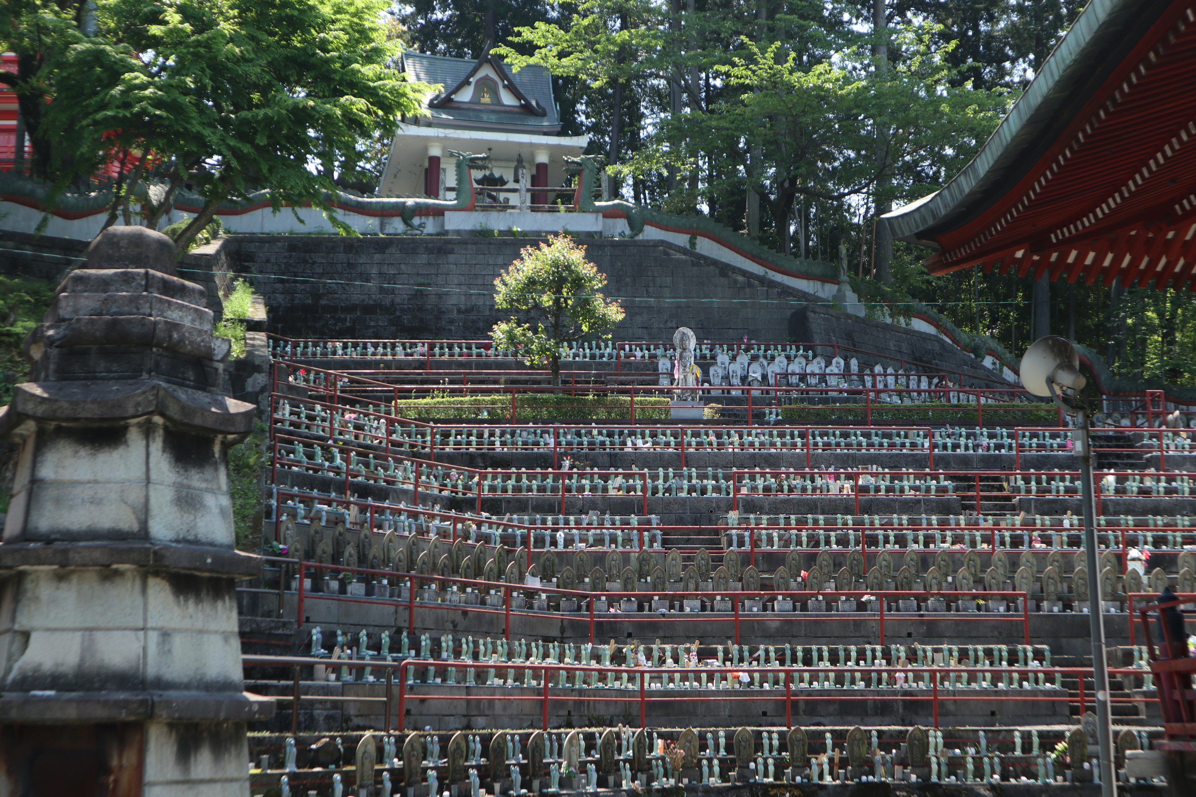 Vue panoramique des marches d'un temple avec de la verdure et des statues