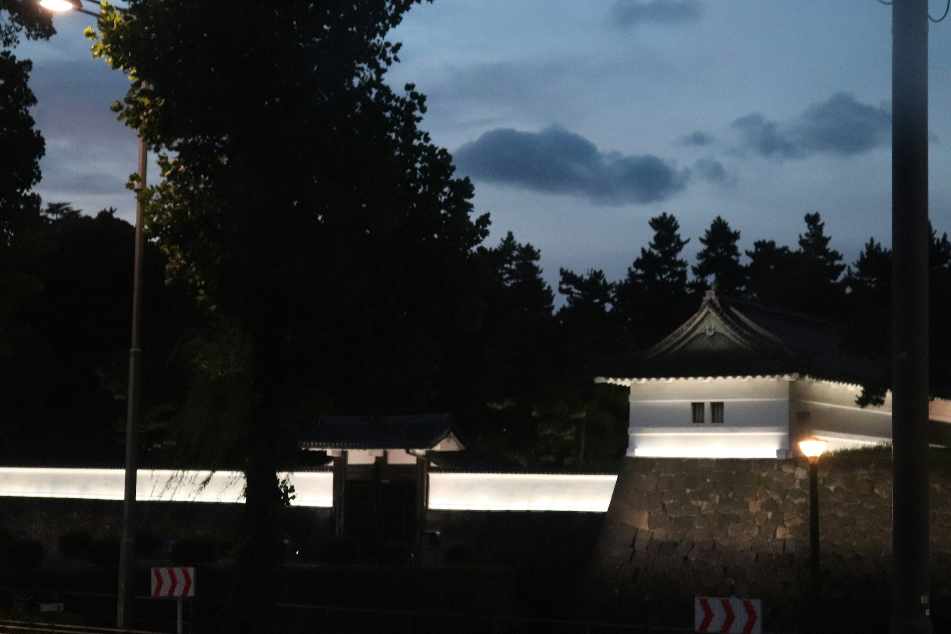 Historic castle wall and roof structure illuminated at night