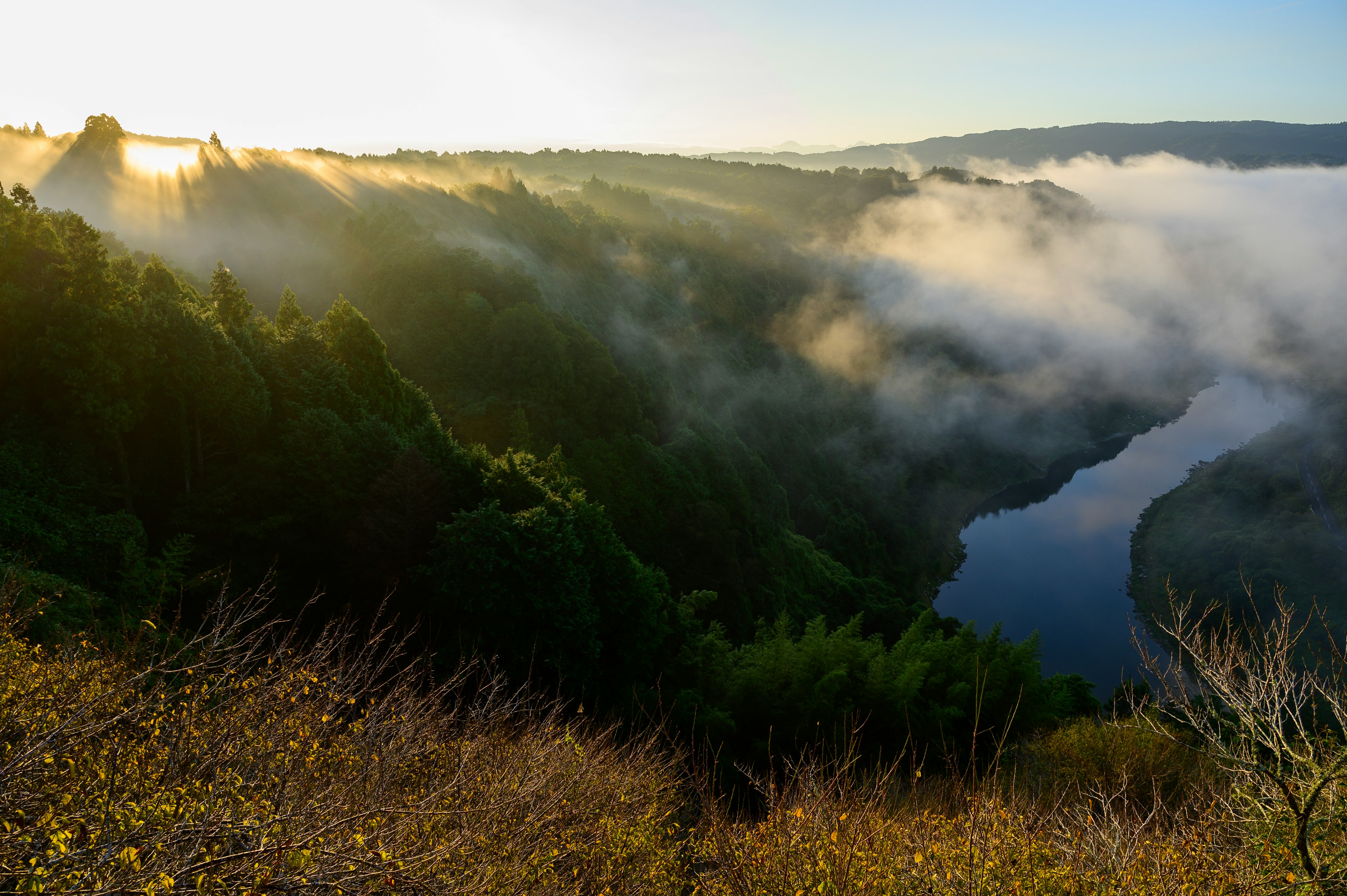 Un paesaggio bellissimo di una valle nebbiosa e di un fiume con luce mattutina