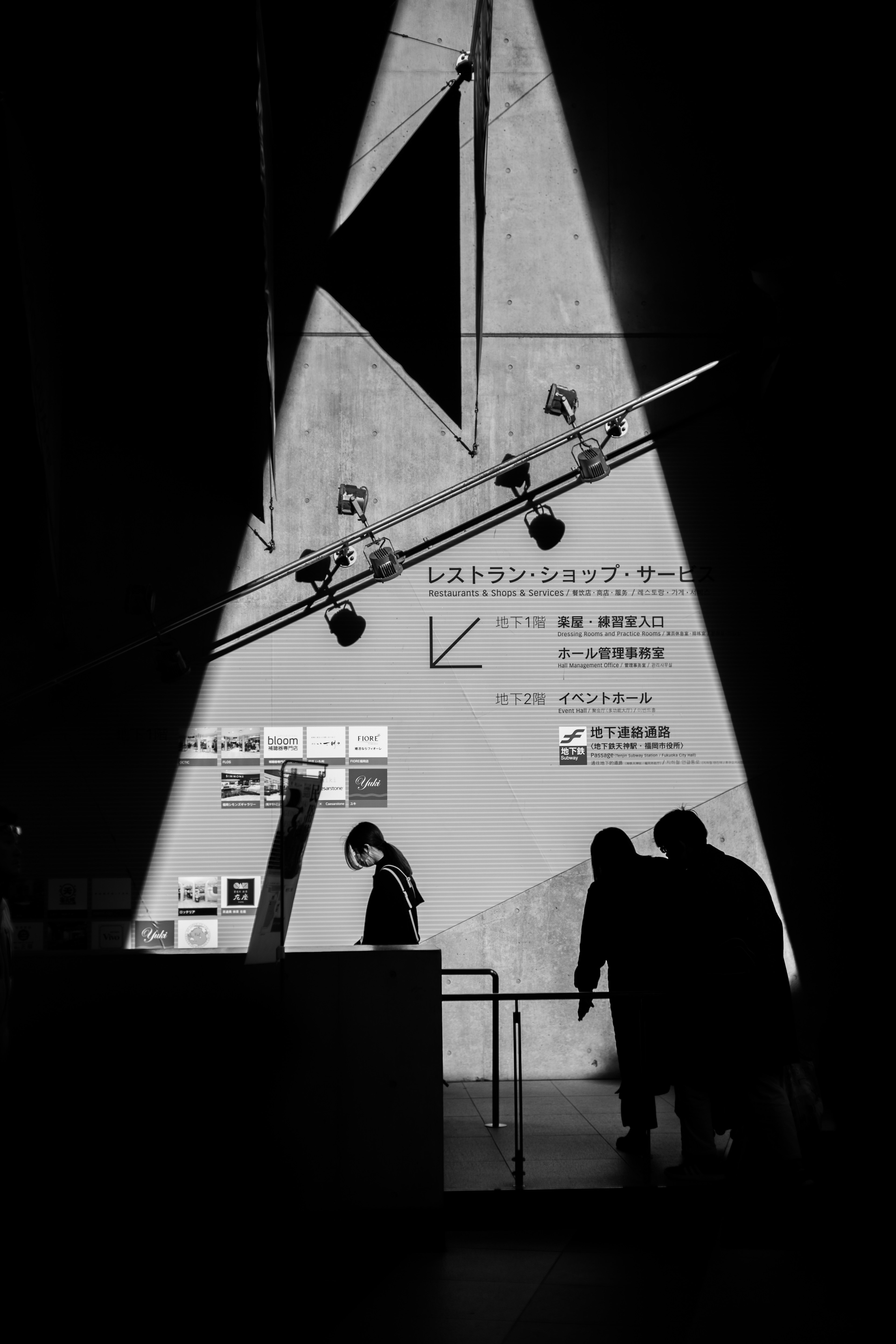 Siluetas de personas caminando en un entorno monocromático con una pared que muestra información y luz diagonal proyectando sombras