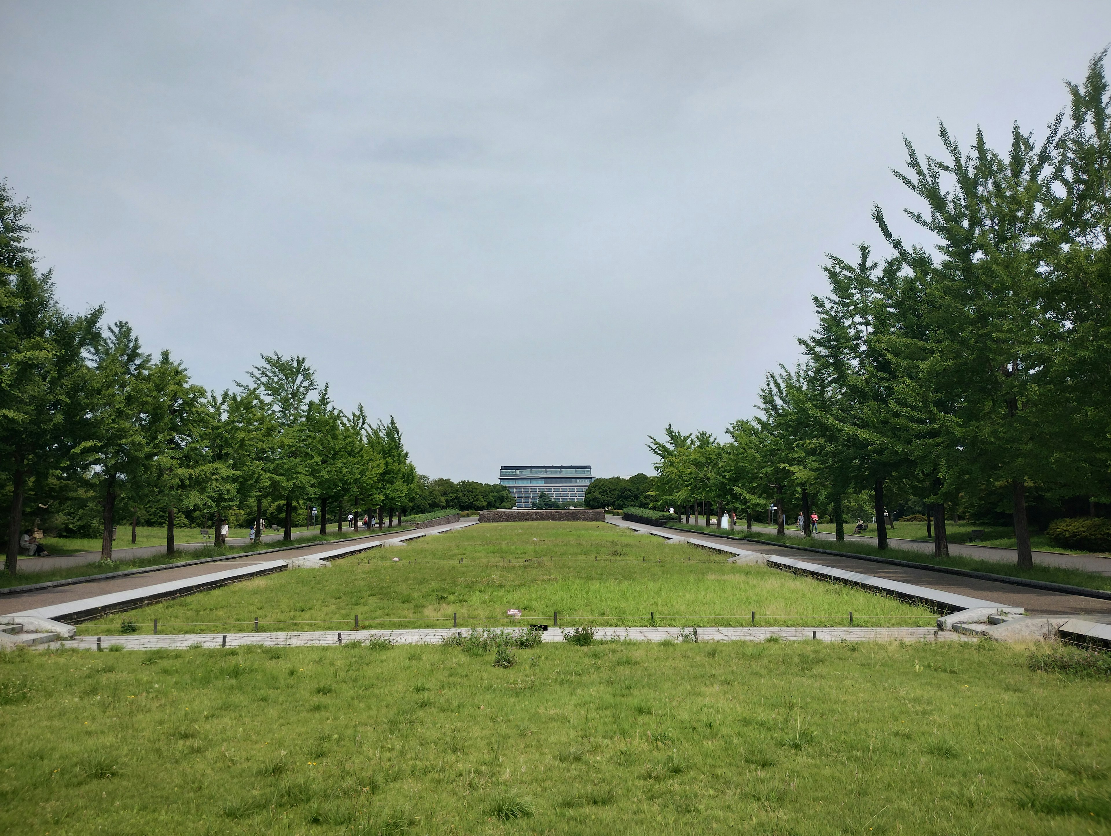 Parklandschaft mit grünen Bäumen und einem weiten Rasen mit einem Gebäude in der Ferne