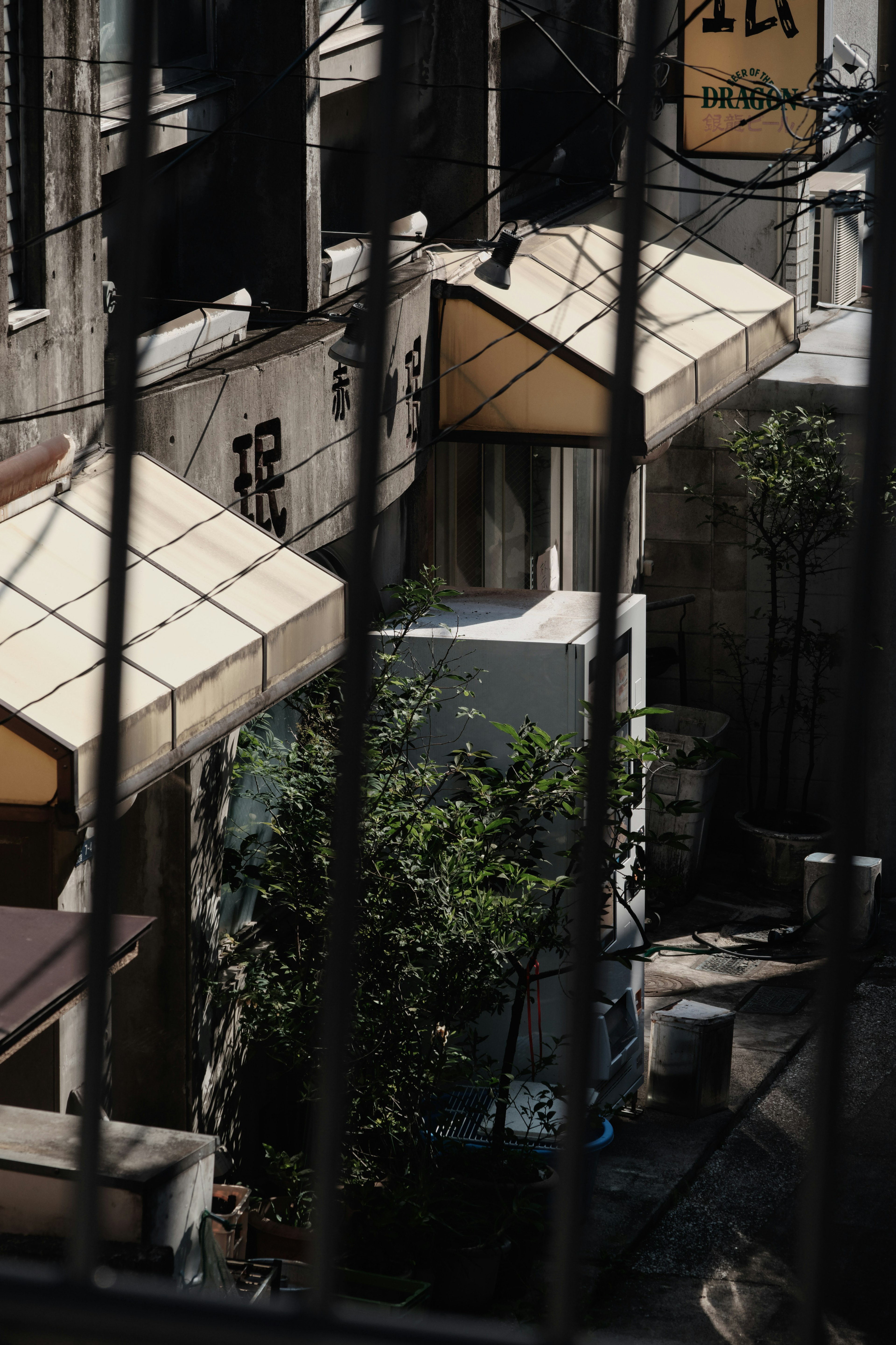 Vue d'une ruelle étroite avec une table couverte et de la verdure