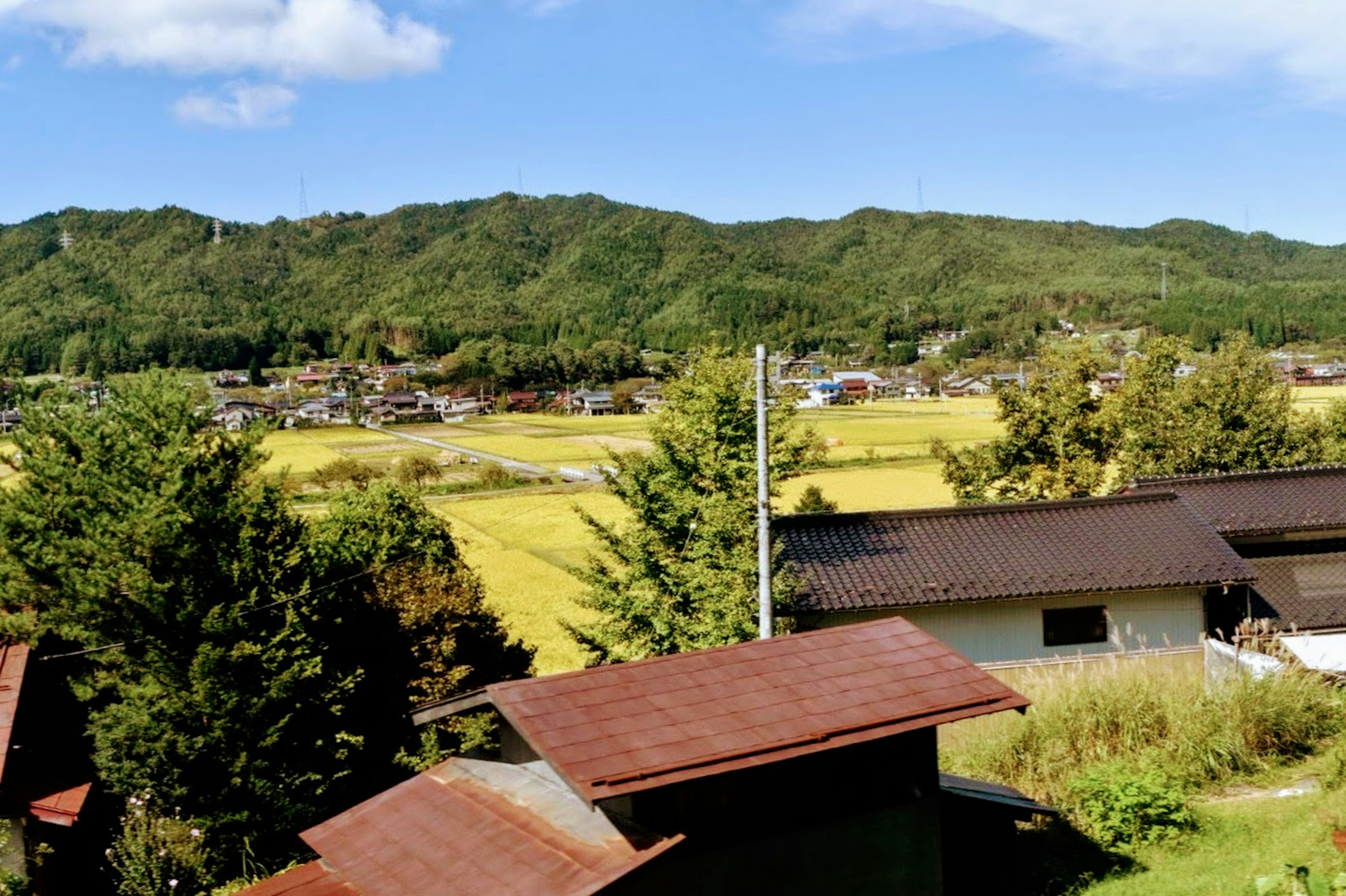 Vista panoramica di montagne verdi e campi di riso sotto un cielo blu con nuvole bianche