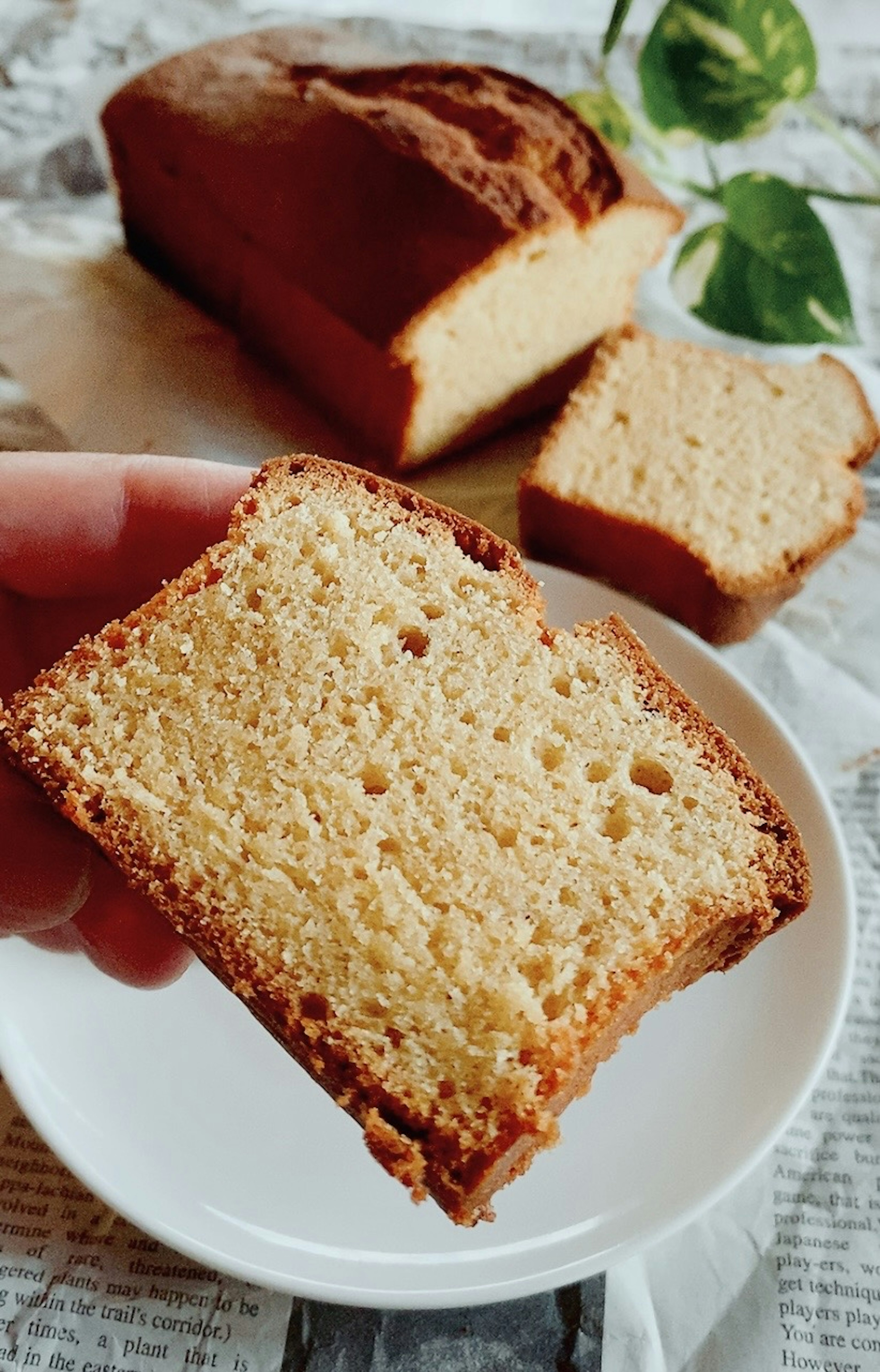 Hand holding a slice of freshly baked bread with a loaf and another slice on a plate