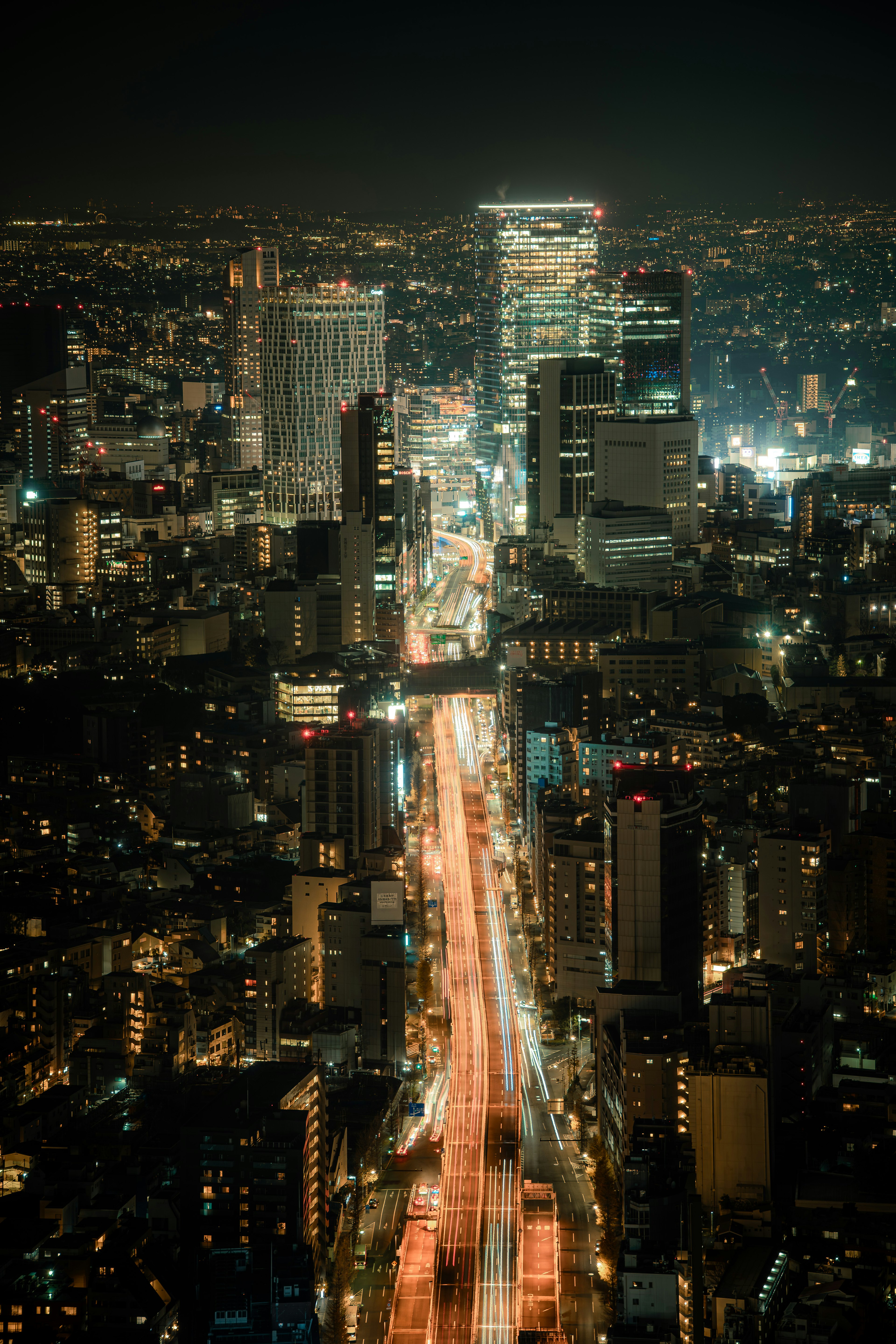 東京の夜景 高層ビルと交通の流れが見える