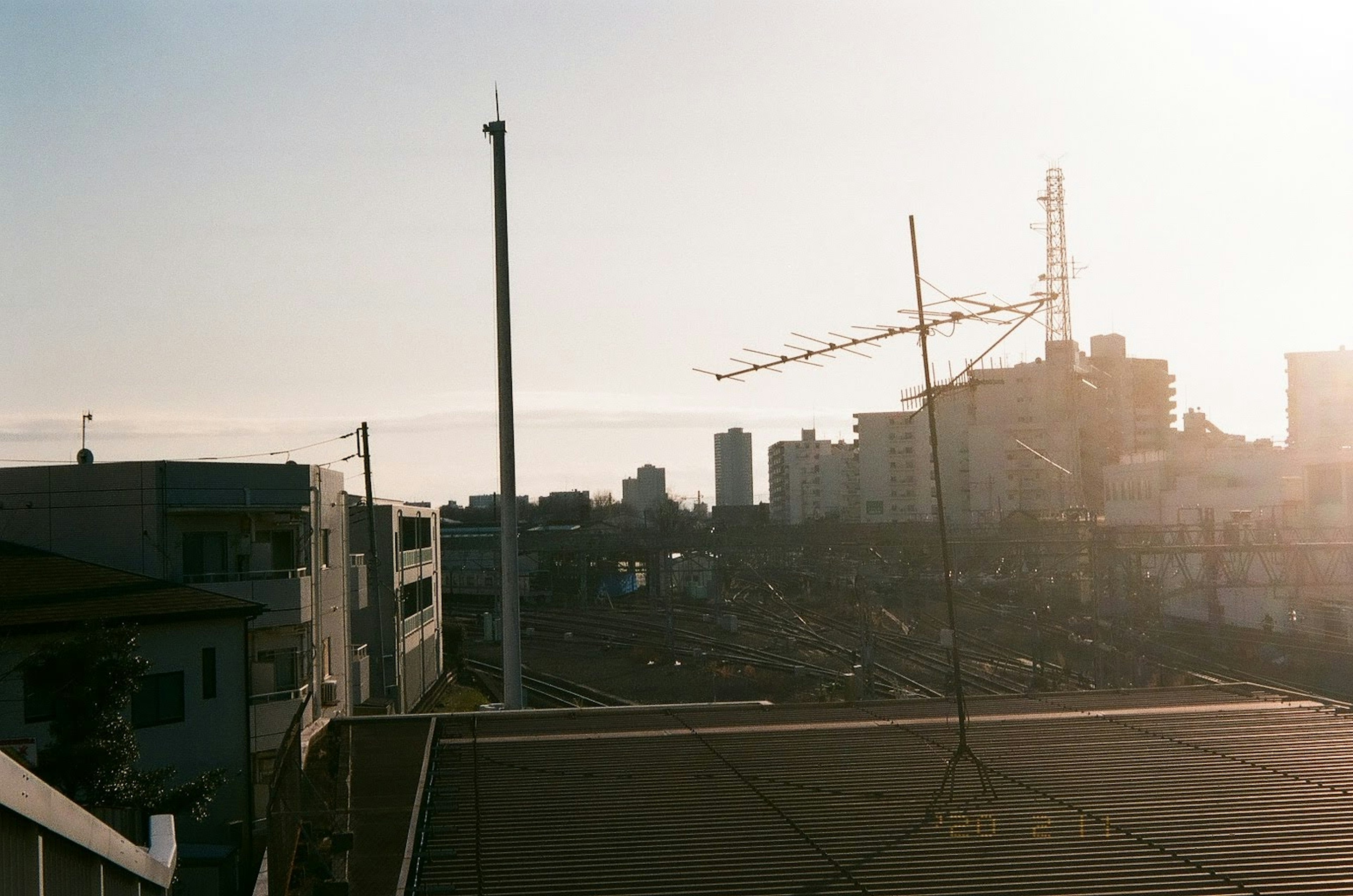 Paesaggio urbano con edifici e una gru al tramonto