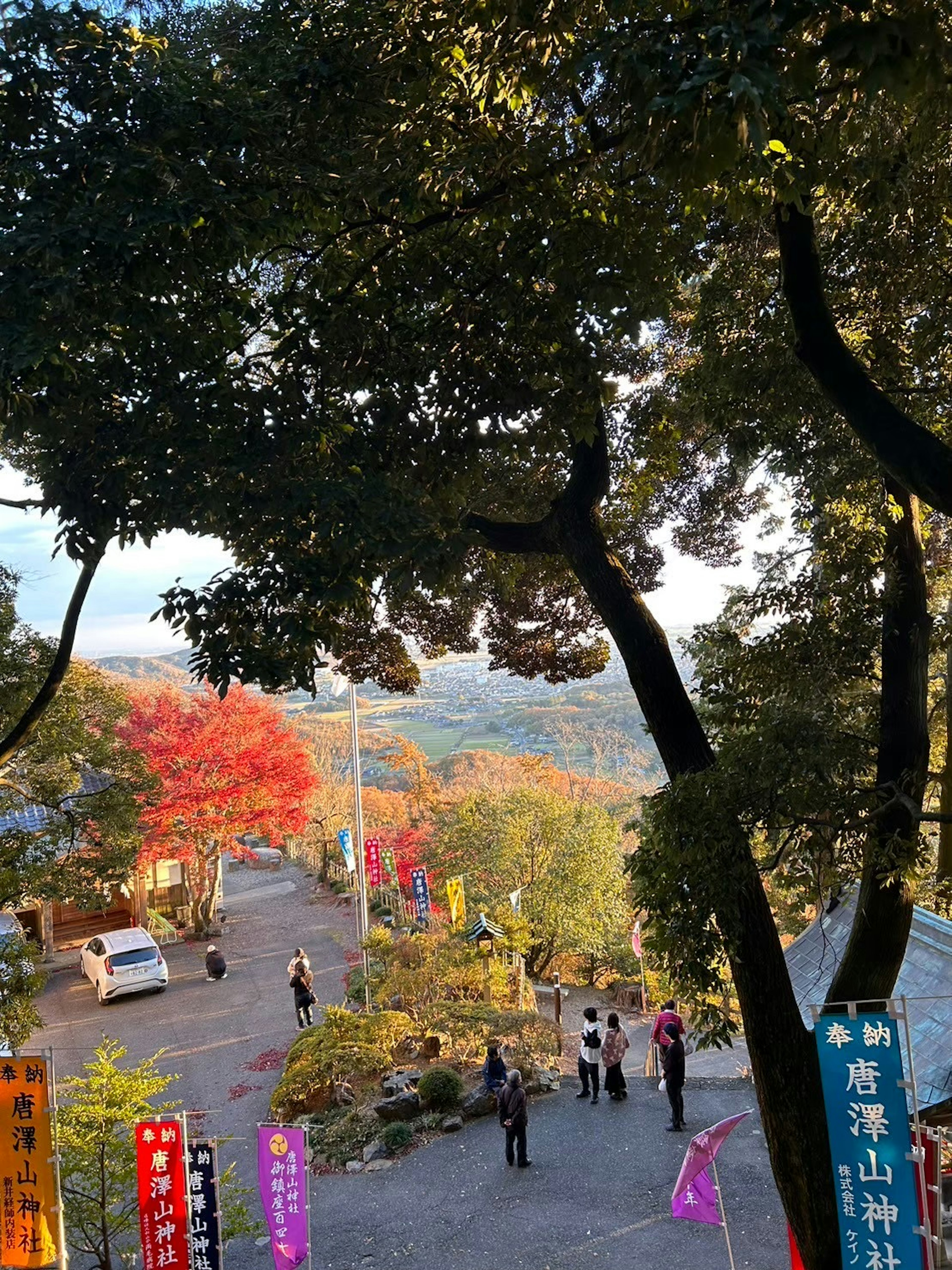 山の景色と紅葉が見える道に沿って人々が歩いている