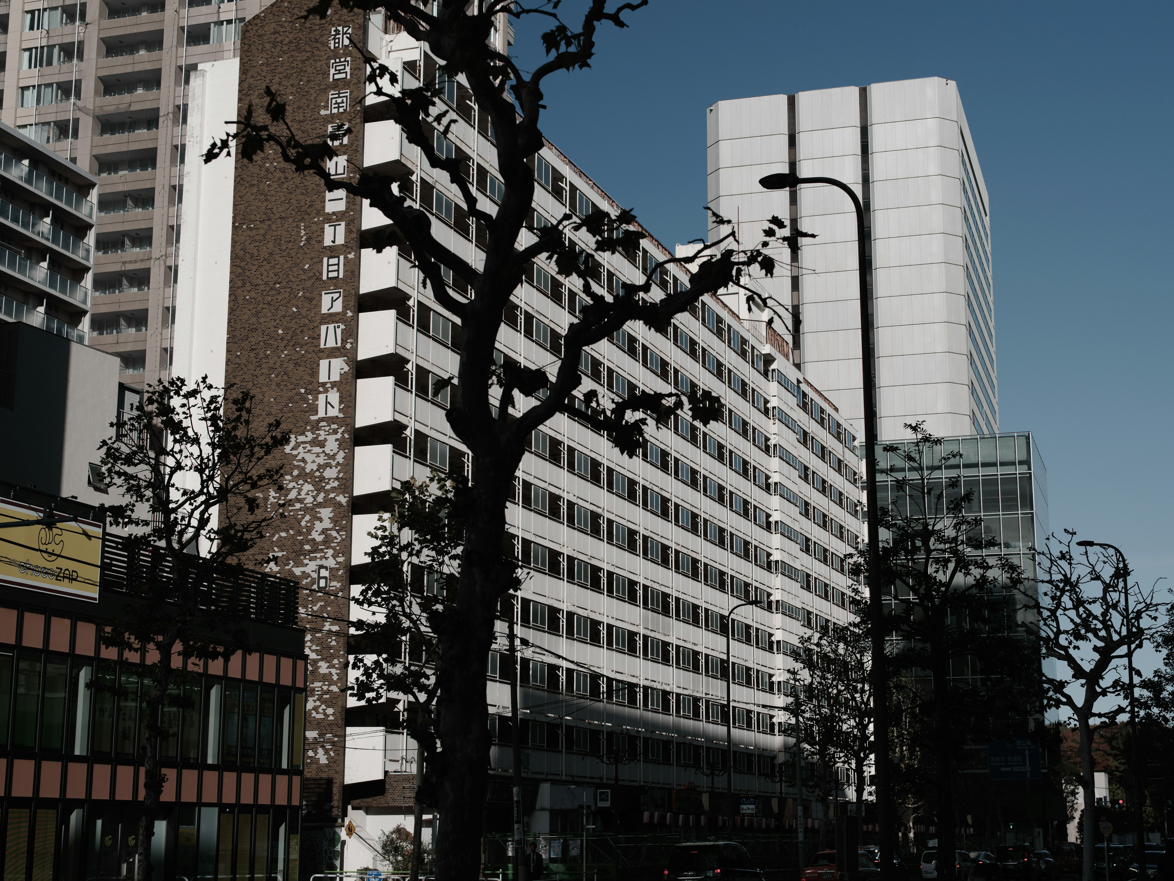 Stadtansicht mit hohen Gebäuden und Bäumen