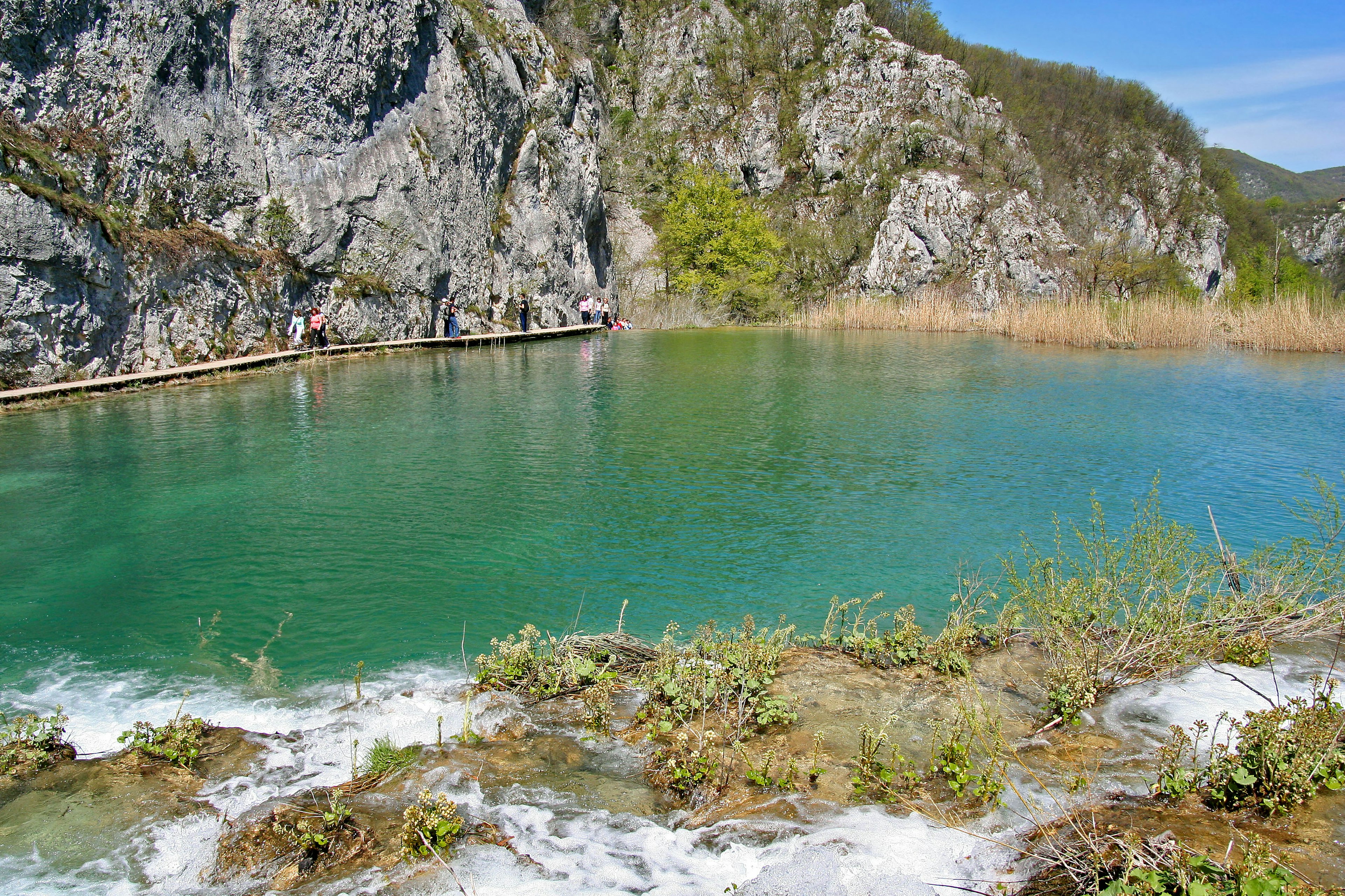 Vue panoramique d'un lac turquoise clair entouré de falaises rocheuses et de verdure