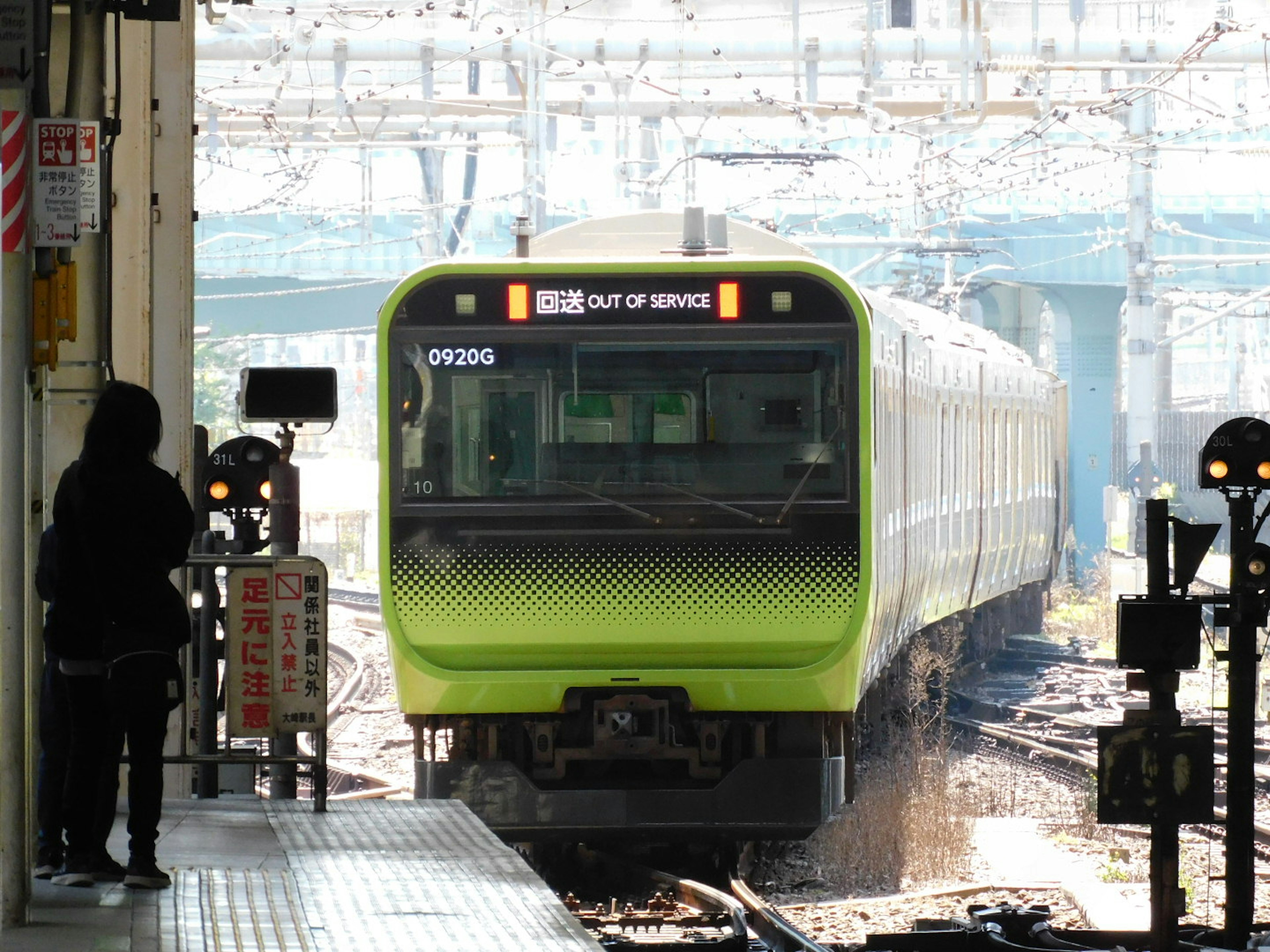 緑色の電車が駅に到着する様子 女性の乗客がホームに立っている