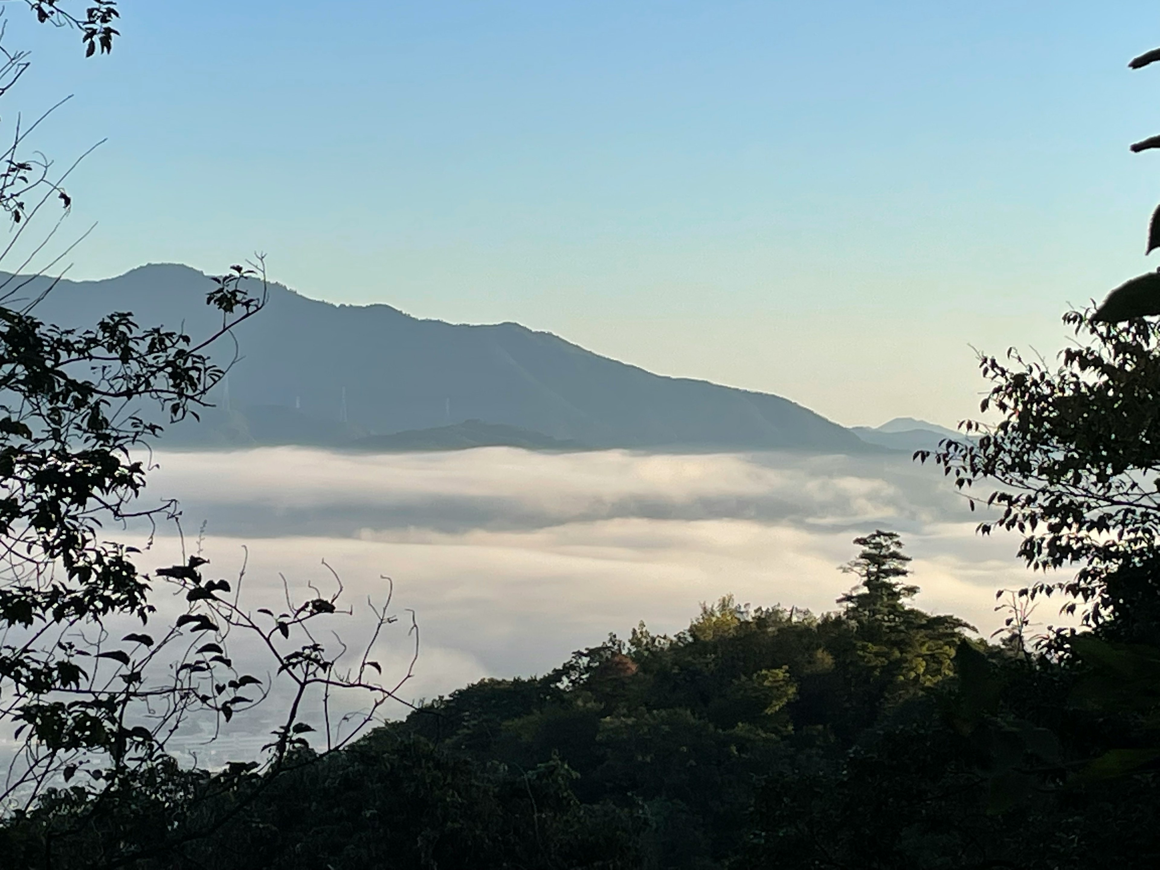 雲海に覆われた山々の風景と晴れた青空