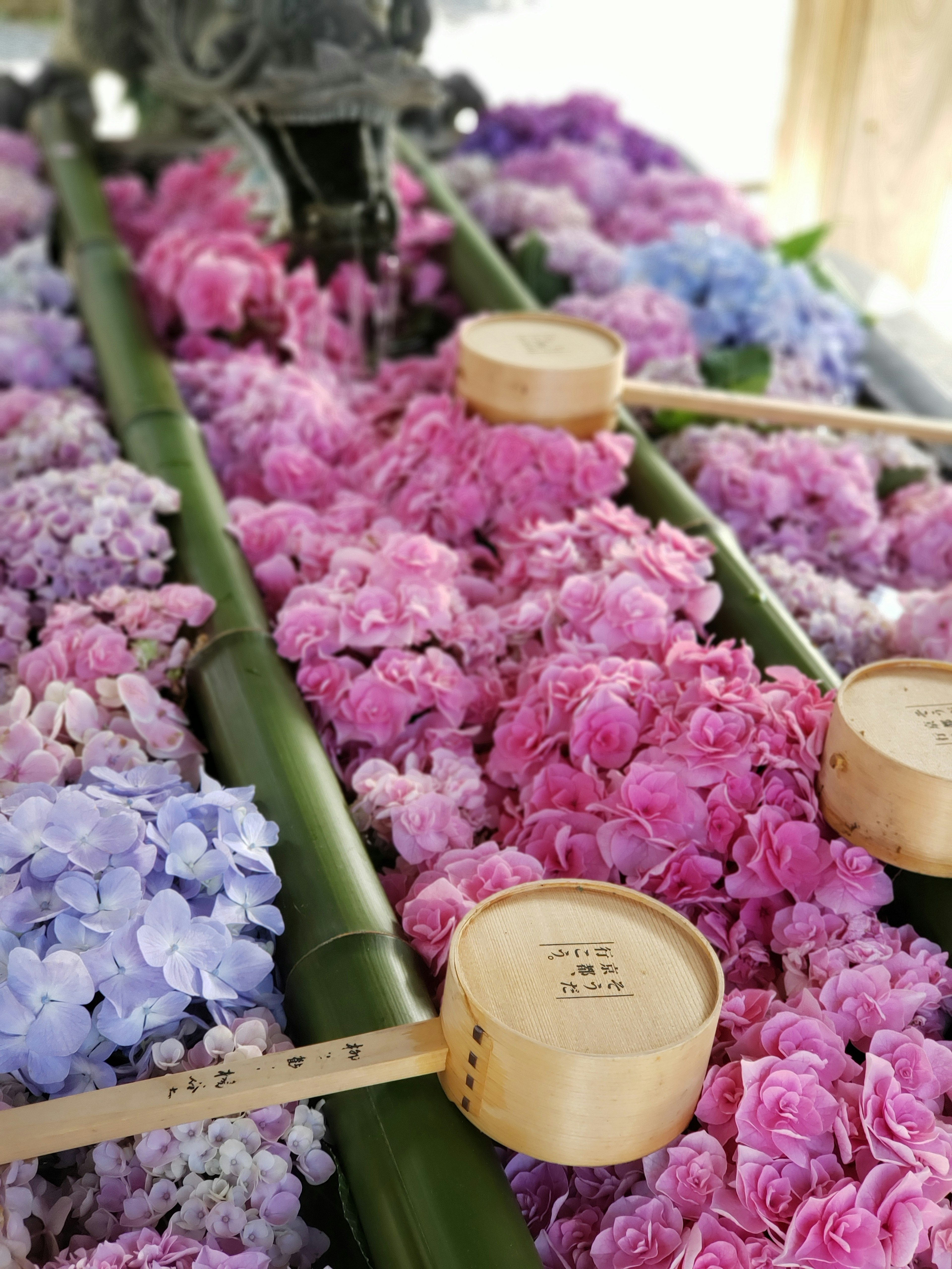 色とりどりの花が並ぶ竹の水盤と木製の杓子