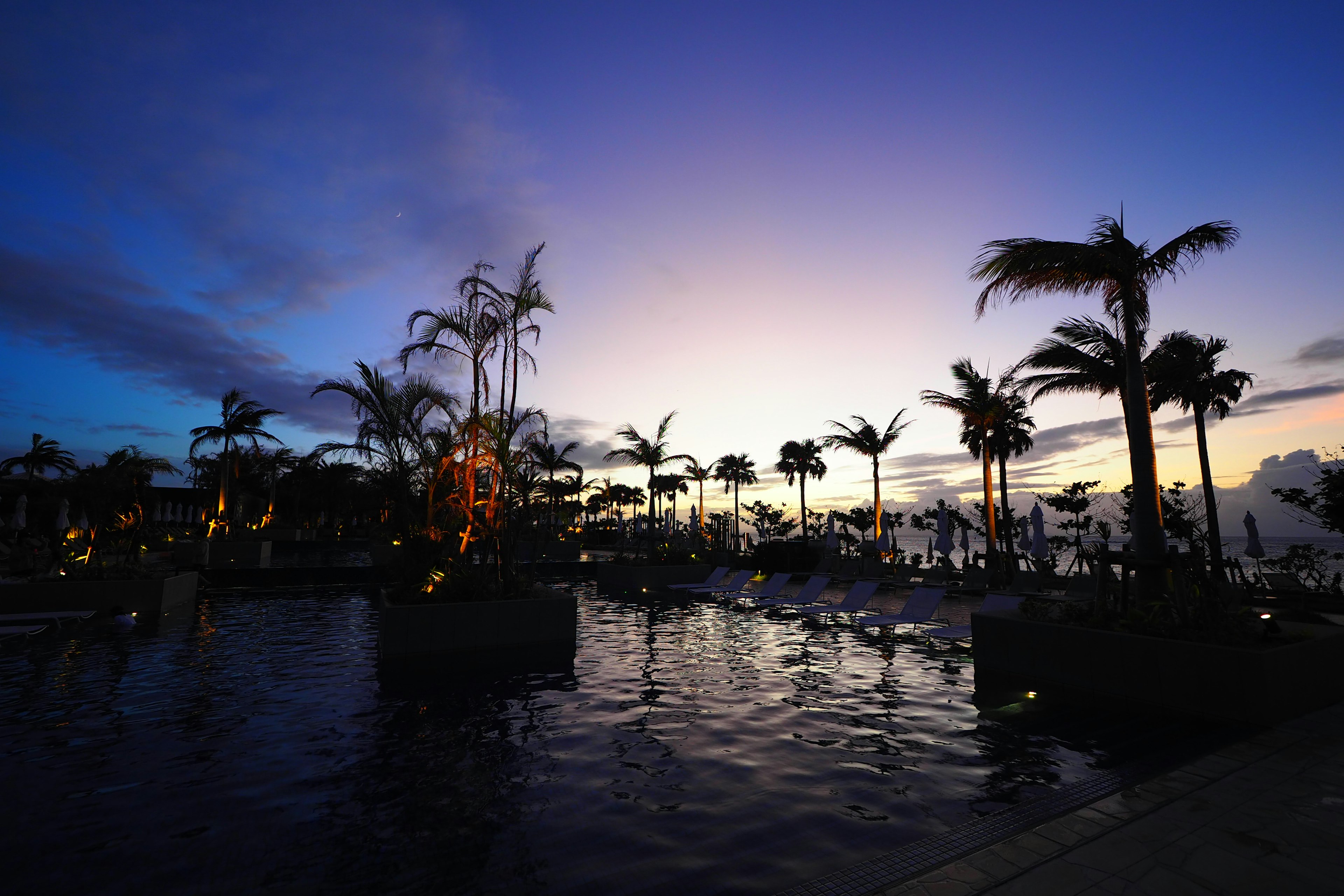 Beautiful sunset with silhouetted palm trees and a pool