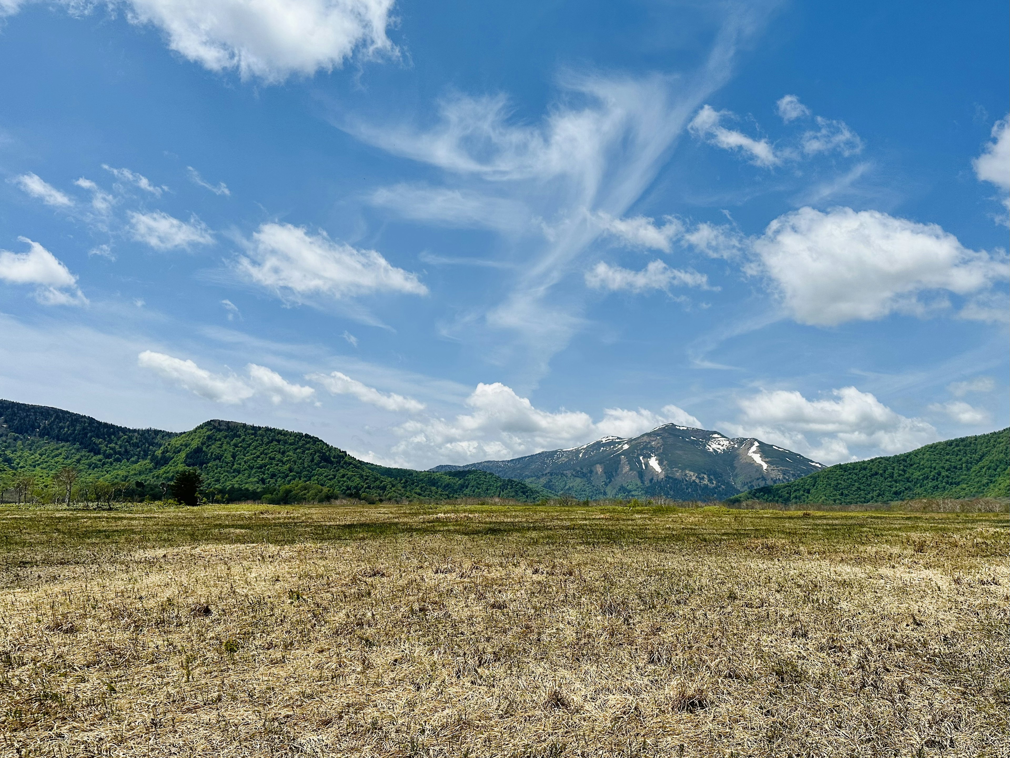 青空と白い雲が広がる山の風景 緑の丘と乾燥した草原が見える