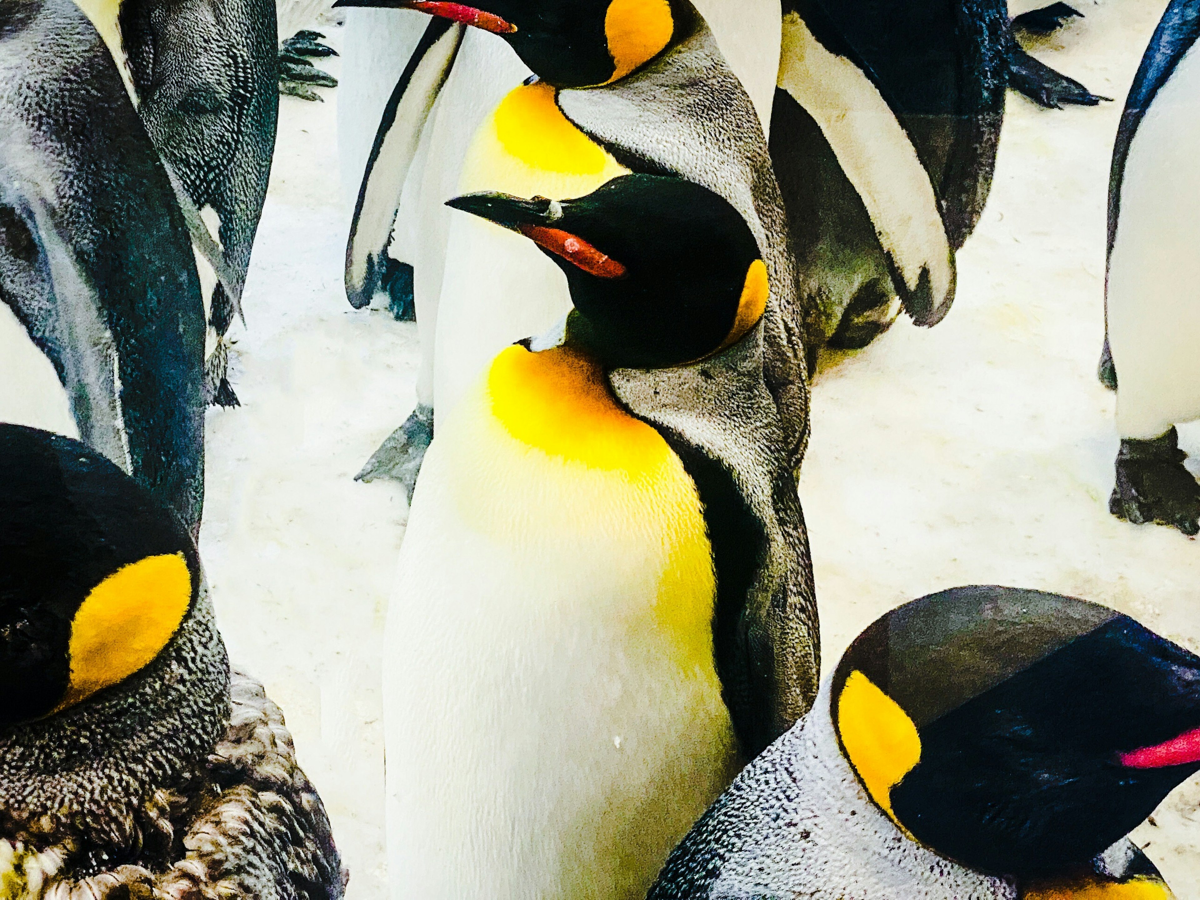 Grupo de pingüinos emperadores de pie sobre el hielo con marcas amarillas distintivas