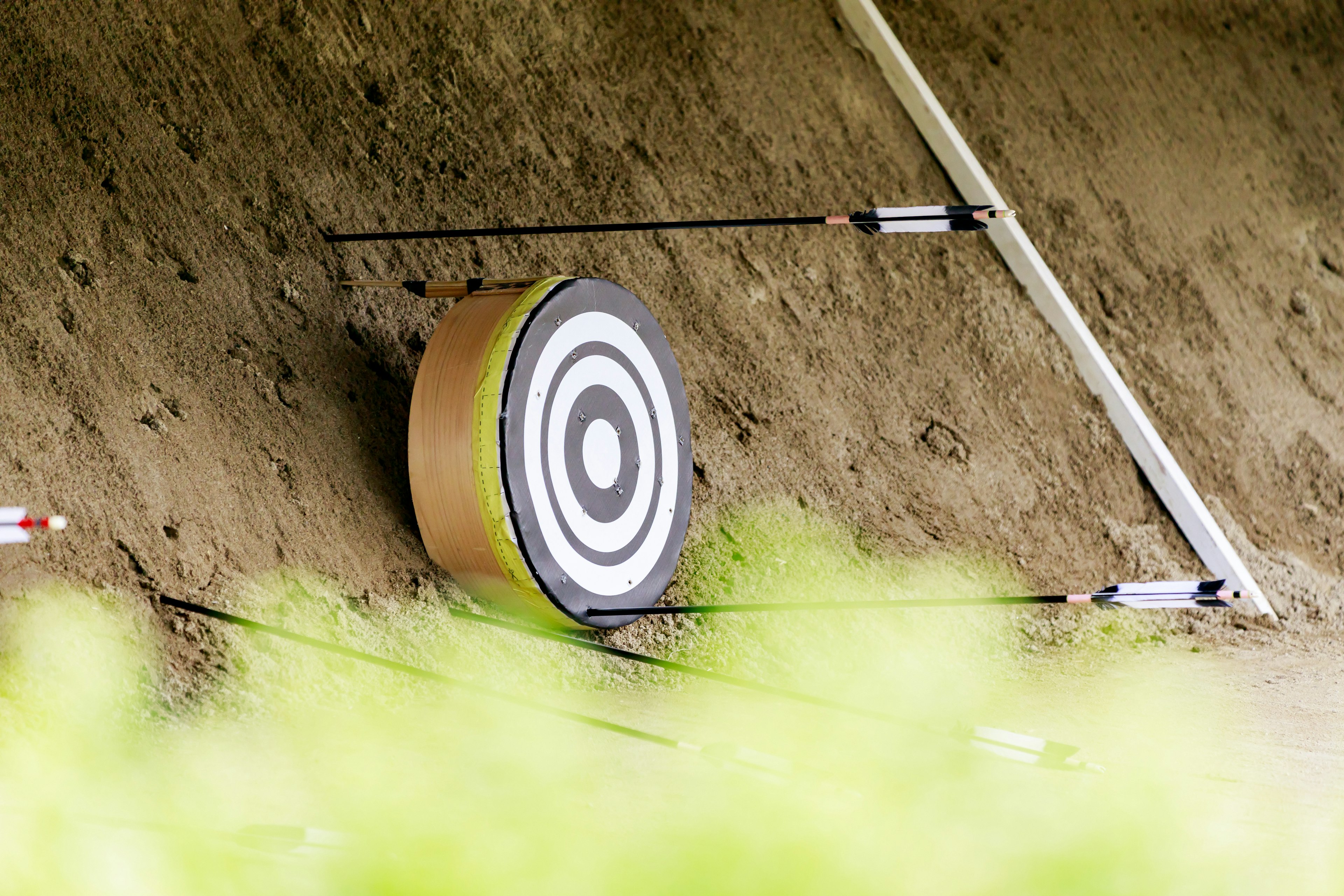 Black and white target set against a dirt backdrop with arrows