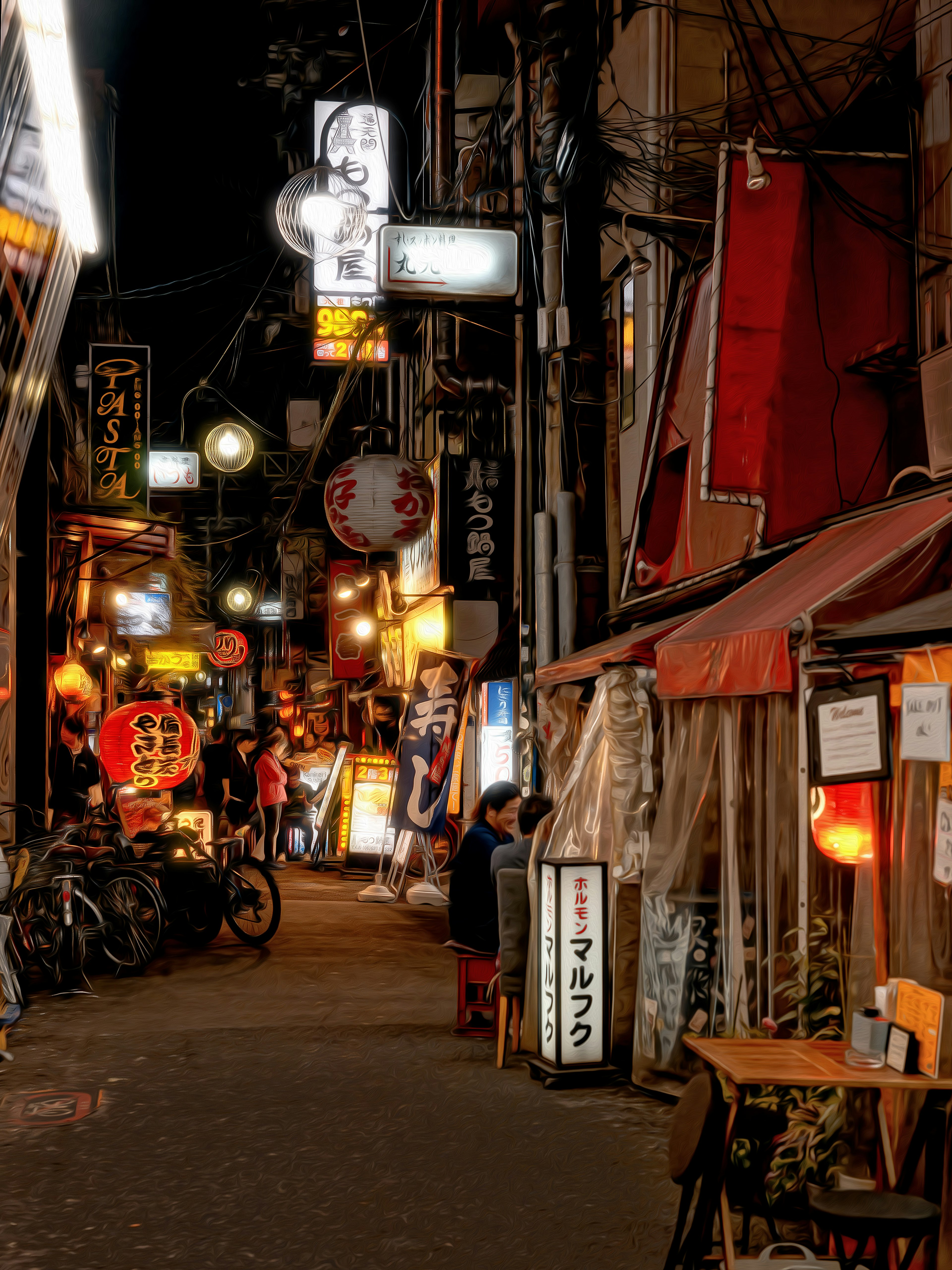 Gang Jepang yang ramai di malam hari dengan restoran dan papan nama