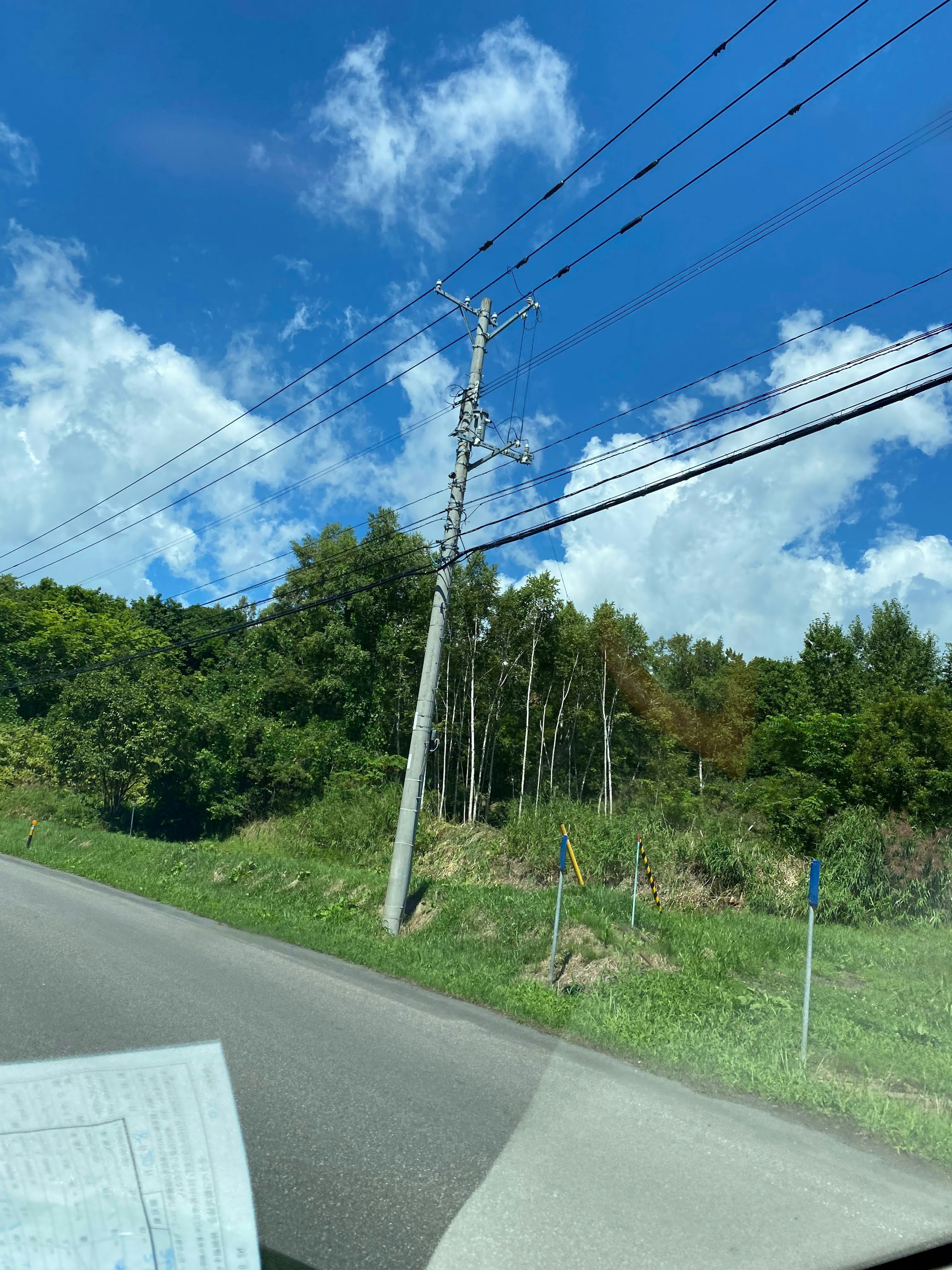 青空と白い雲の下に広がる緑の丘と電柱