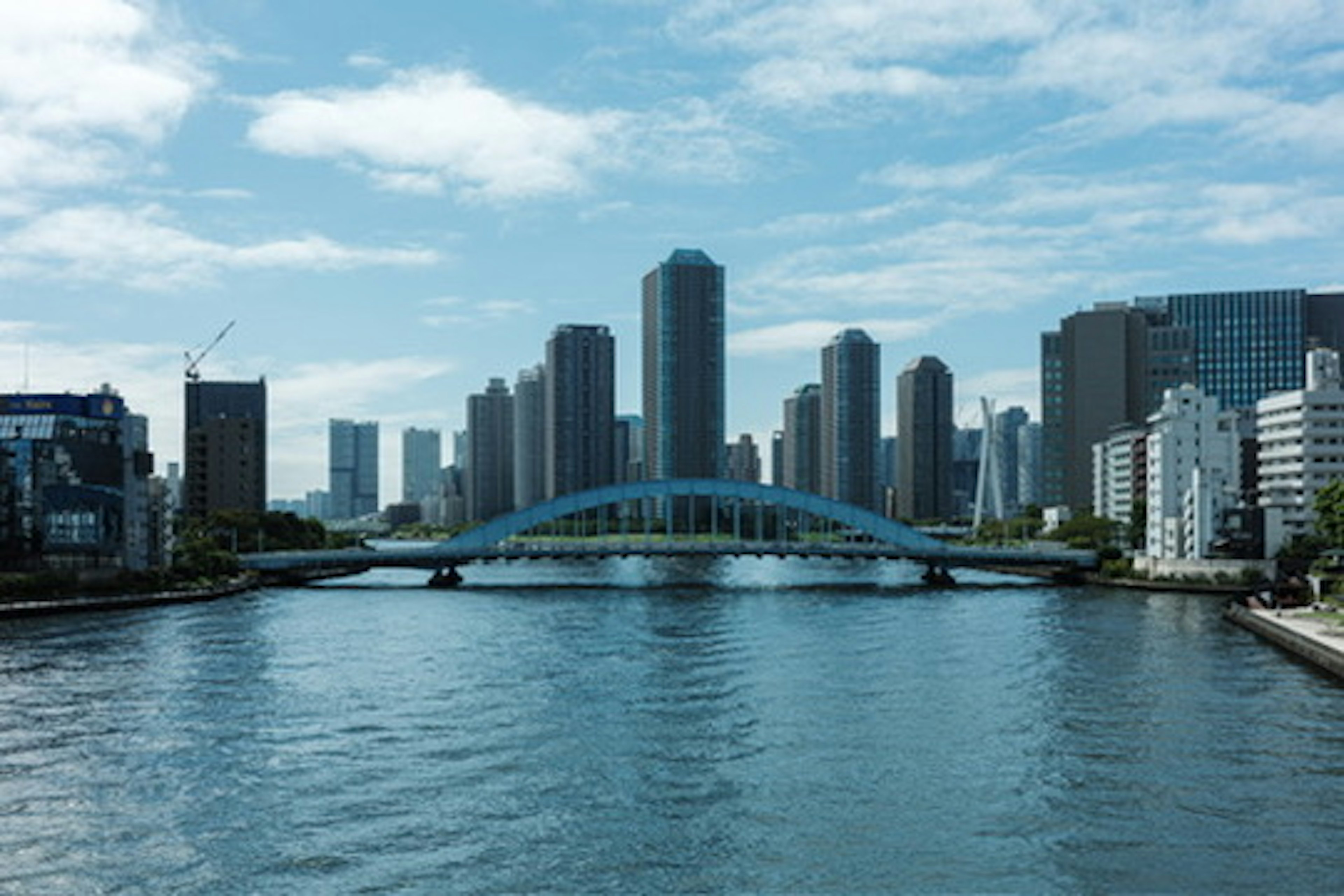 Paysage urbain avec un pont bleu et des gratte-ciels