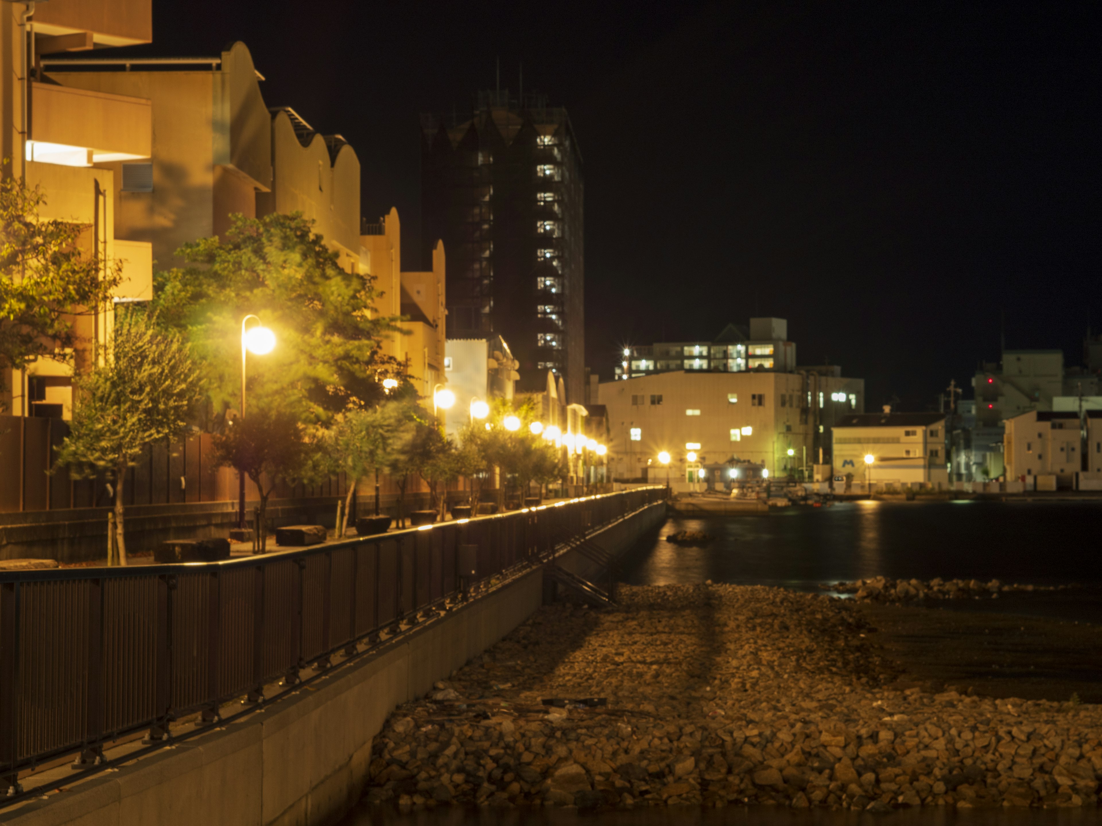 Nighttime cityscape with riverside lights