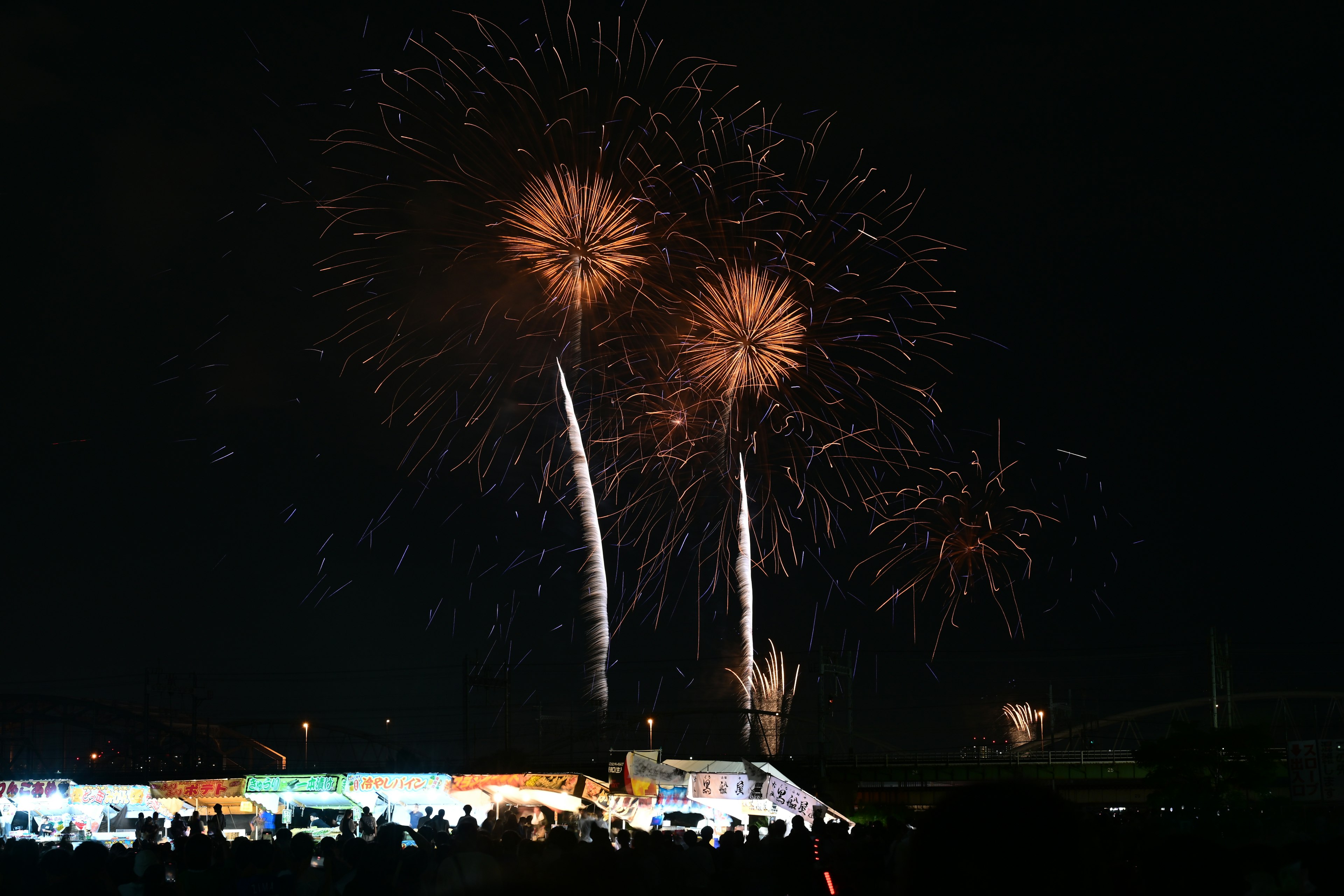 Fireworks bursting in the night sky with silhouettes of spectators