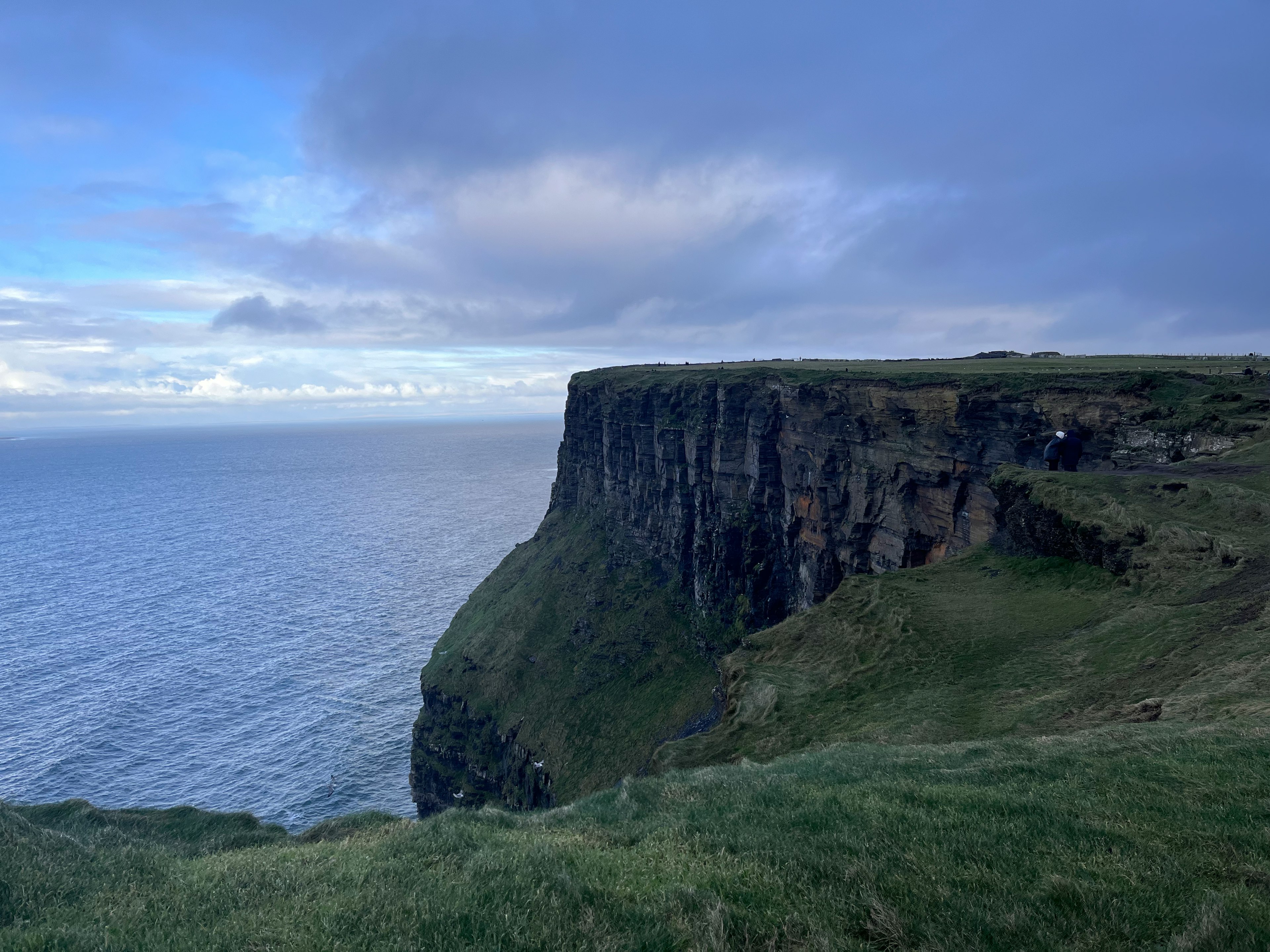 Hohe Klippe mit Blick auf das blaue Meer und grüne Wiesen