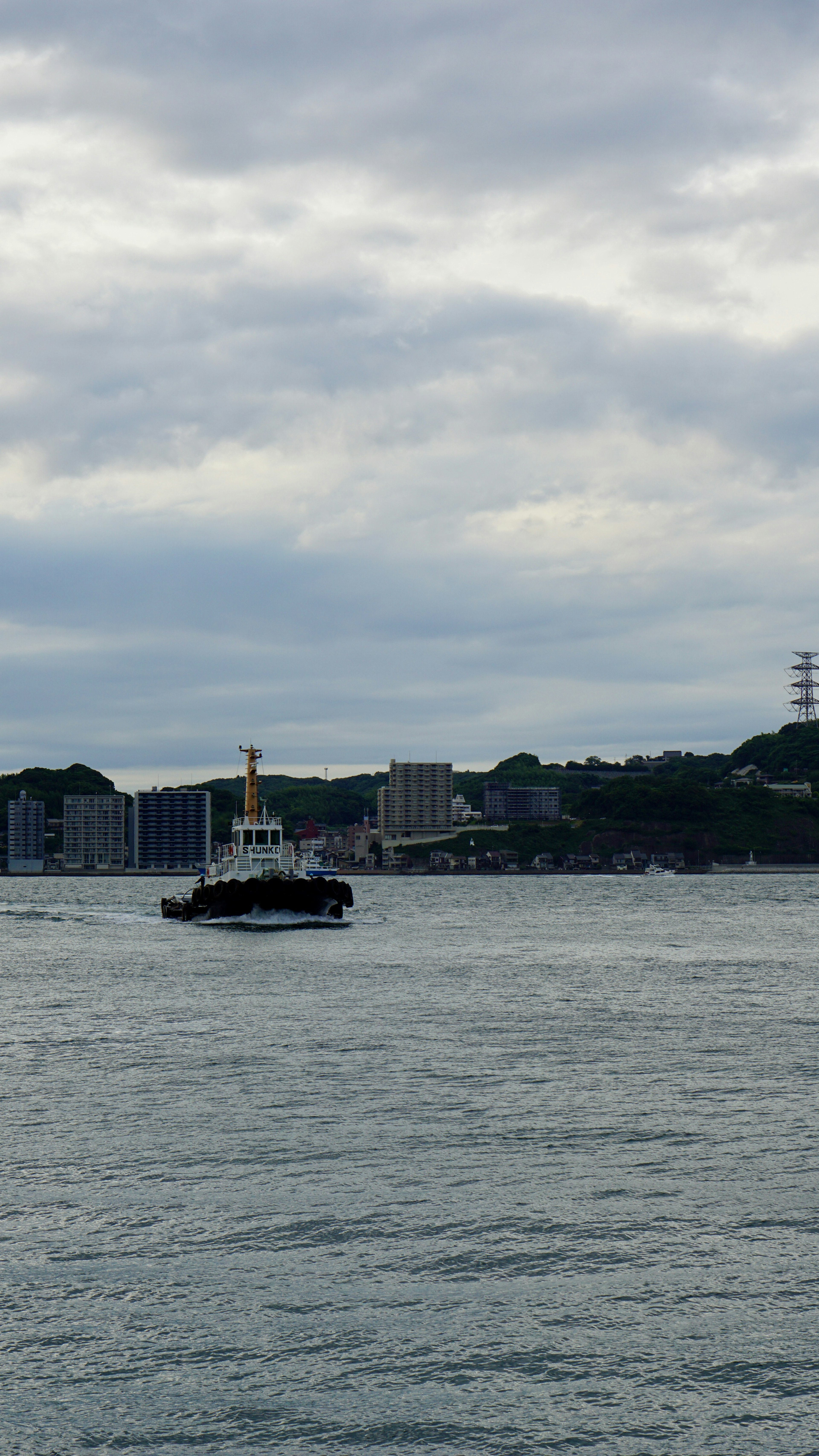 Tugboat che naviga sotto un cielo nuvoloso con edifici sullo sfondo