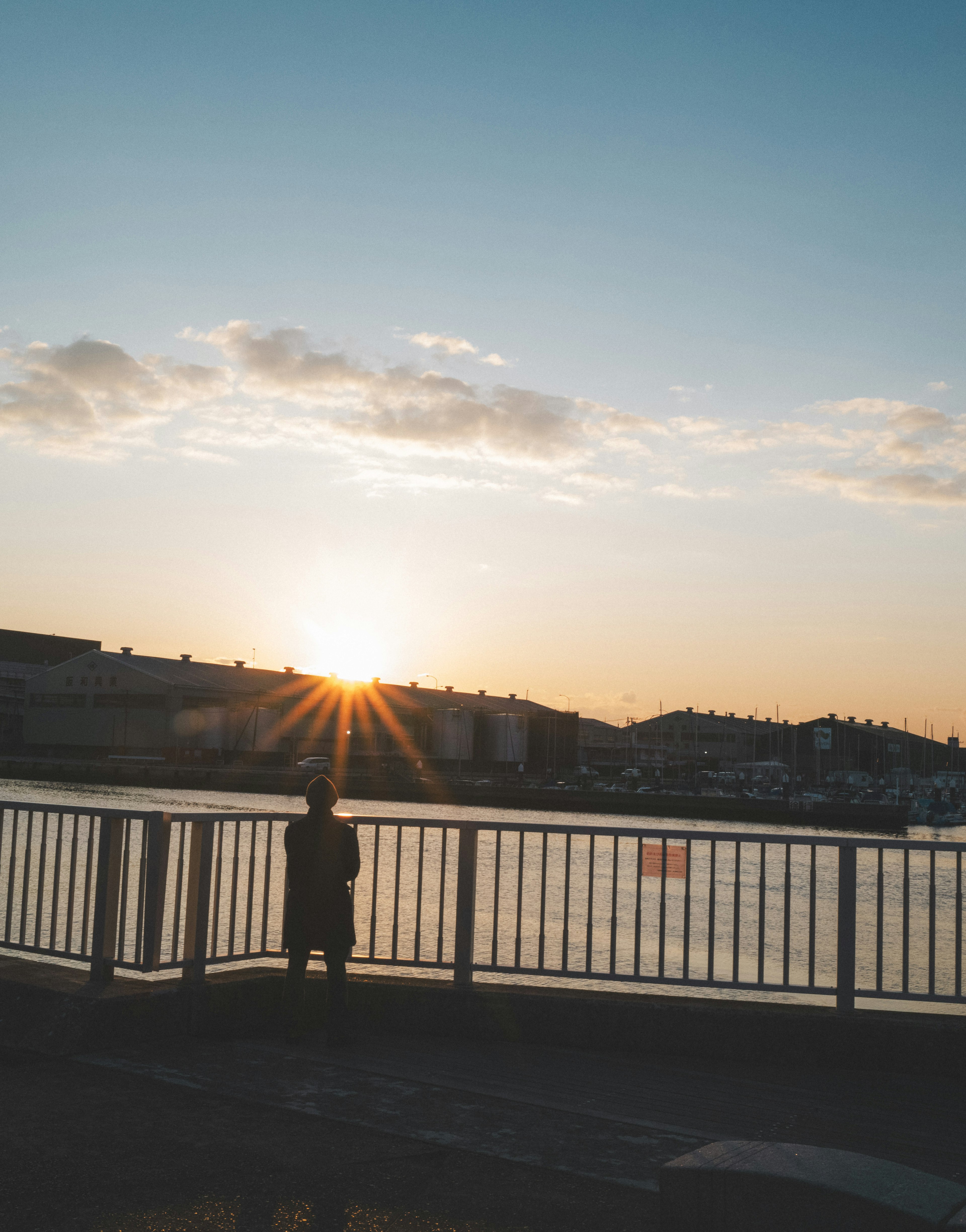 Silhouette einer Person, die den Sonnenuntergang über einer ruhigen Wasseroberfläche beobachtet