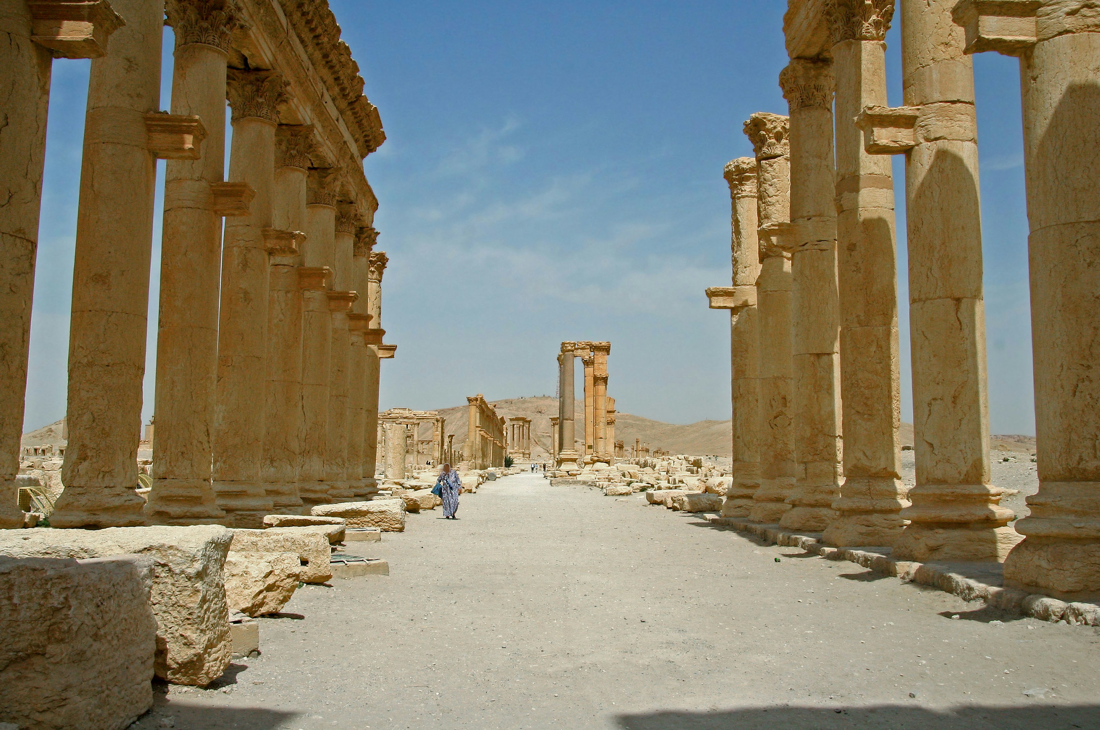 古代遺跡の柱が並ぶ道を歩く人