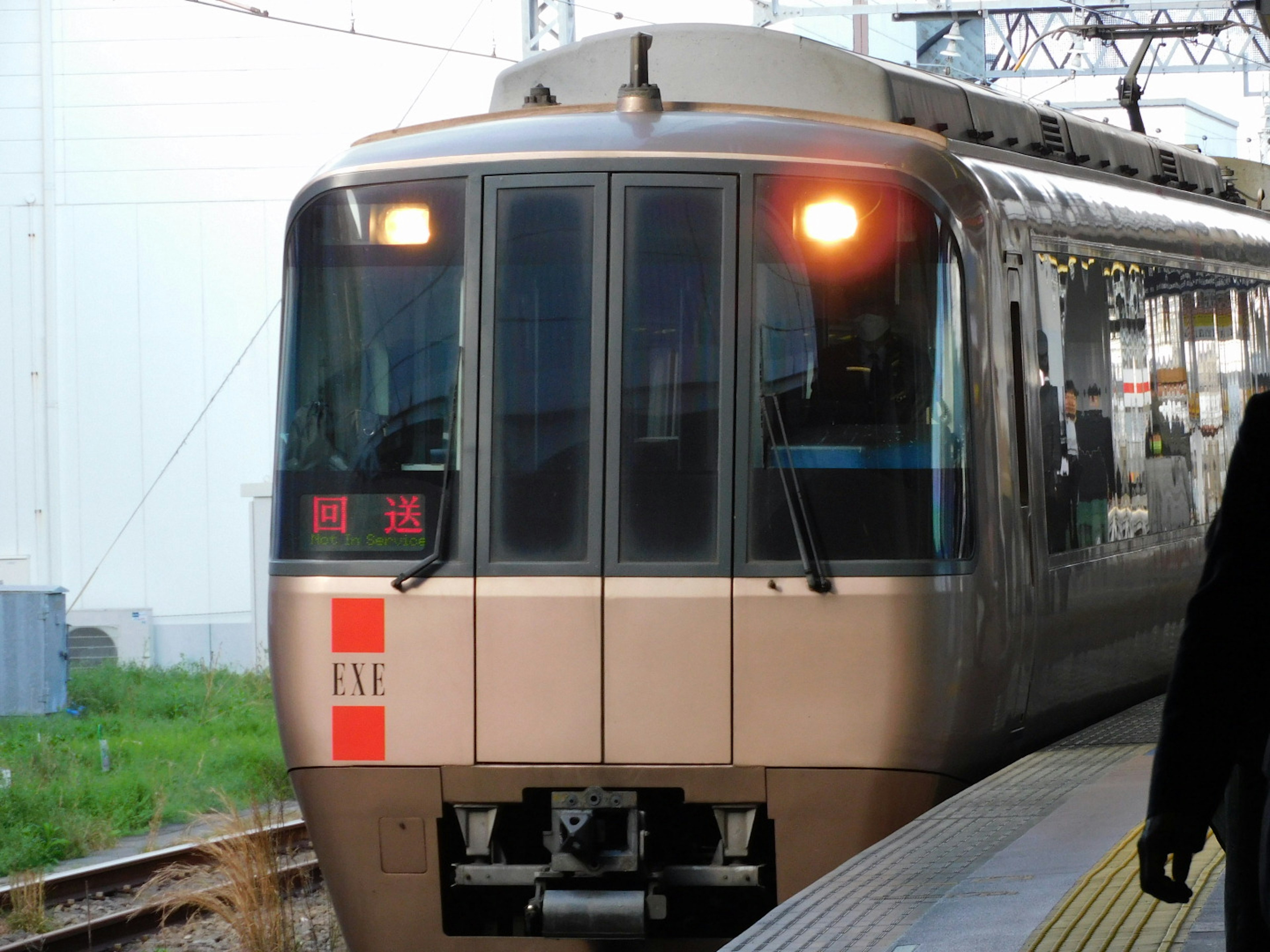 Front view of a brown train stopped at a station