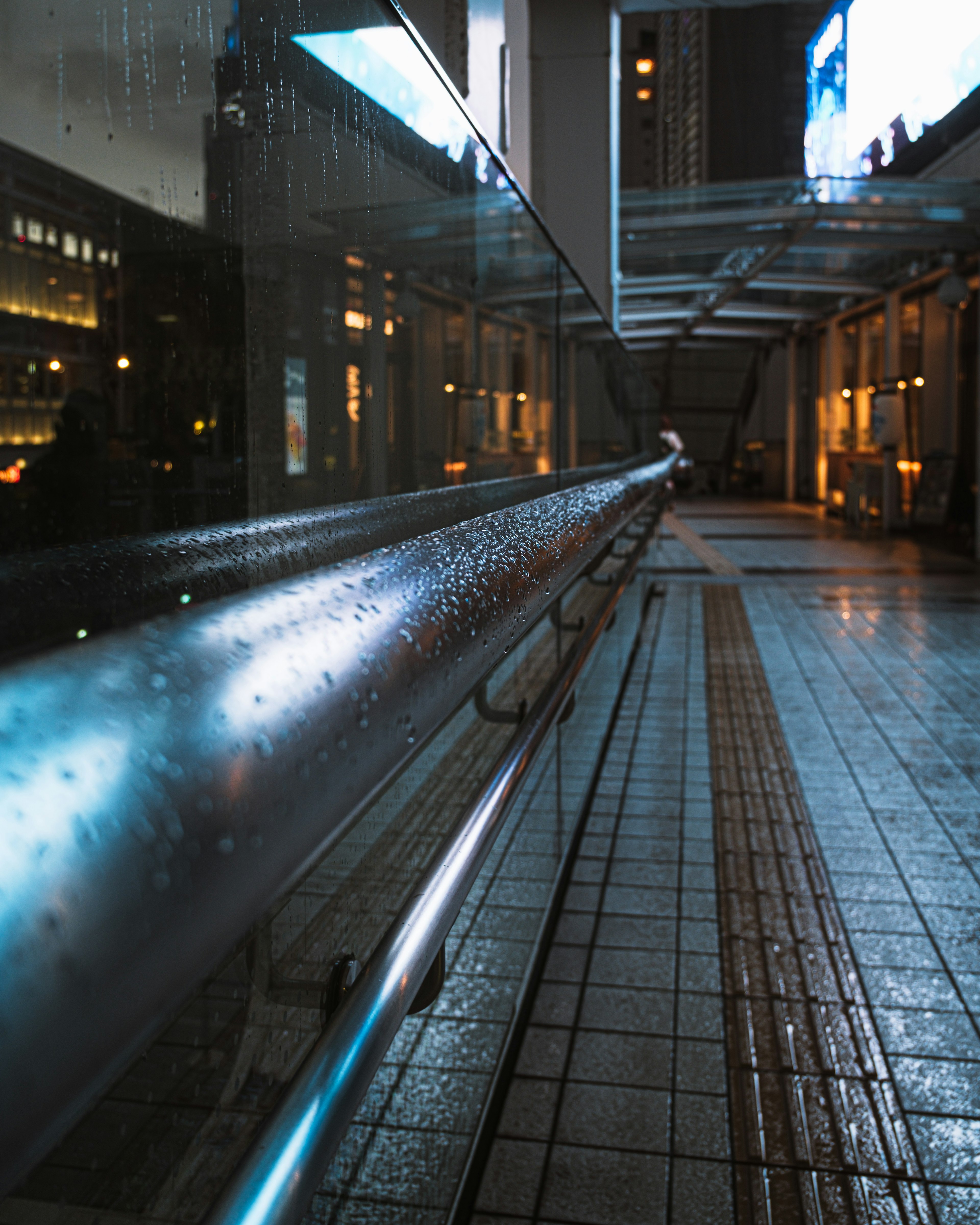 Urban scene with a rain-soaked railing and tiled walkway