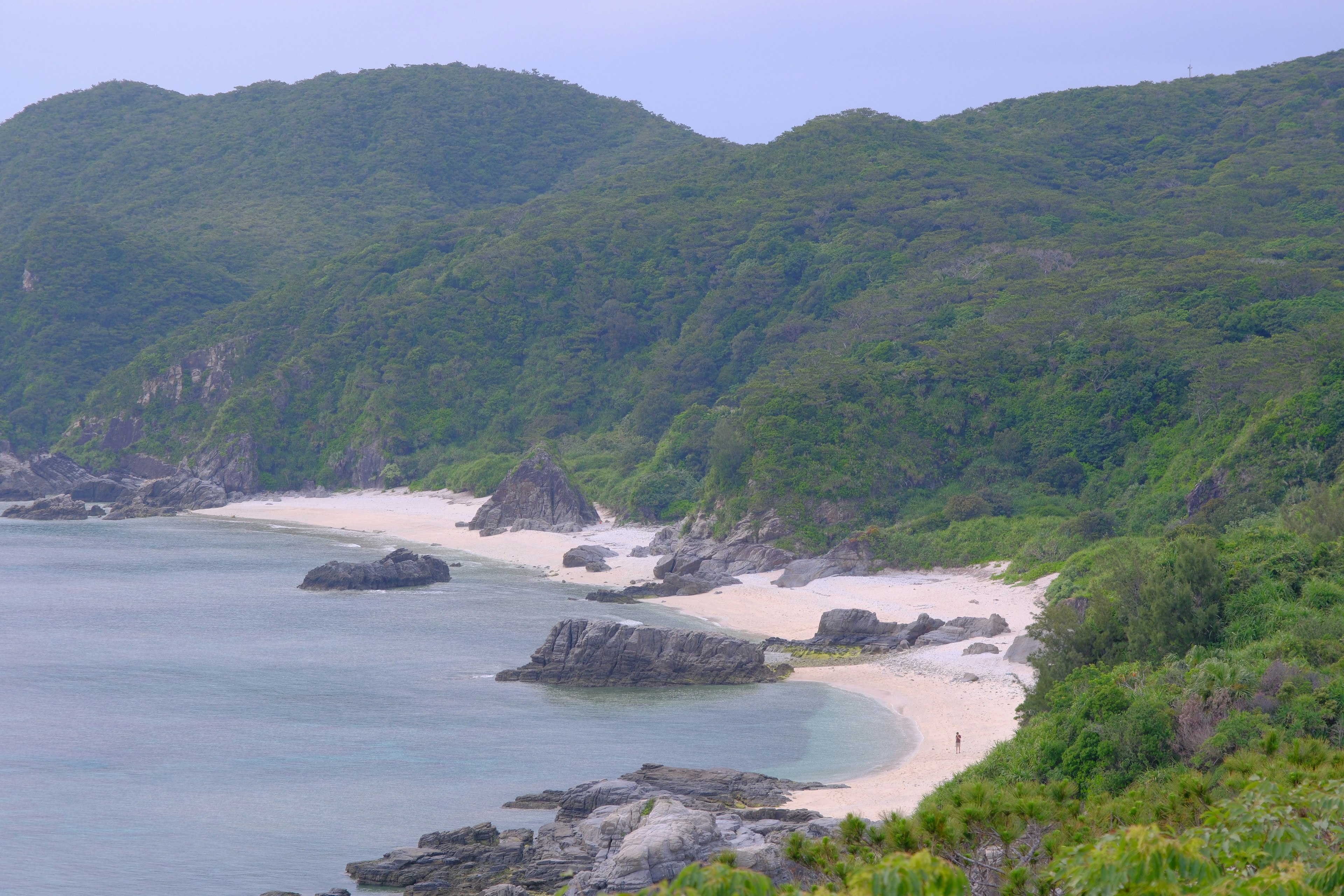 Garis pantai yang indah dengan perbukitan hijau dan pantai berpasir